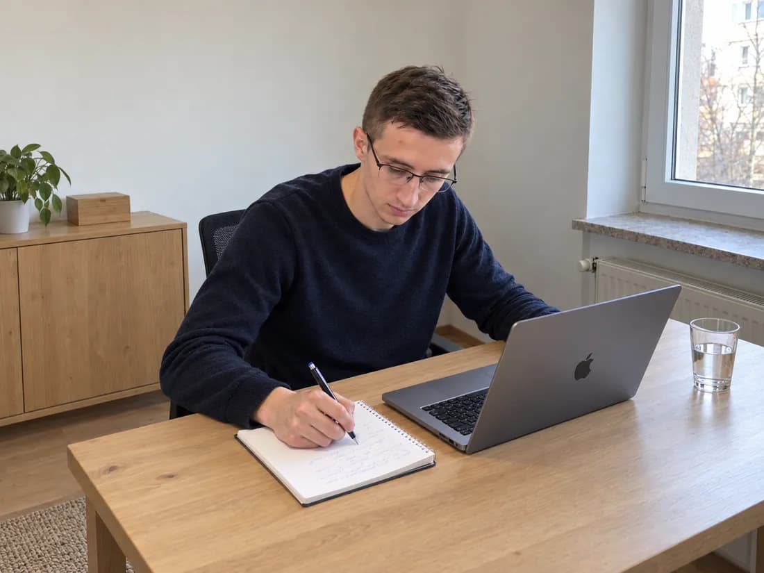 AI scene of Dusko with glasses, working at a MacBook and writing in a notebook