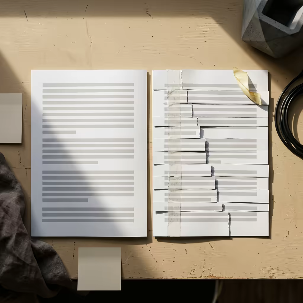 Two identical printed pages on a sunlit desk: the left one intact with even grey text bands, the right one sliced into horizontal strips and taped back together with every strip offset out of alignment