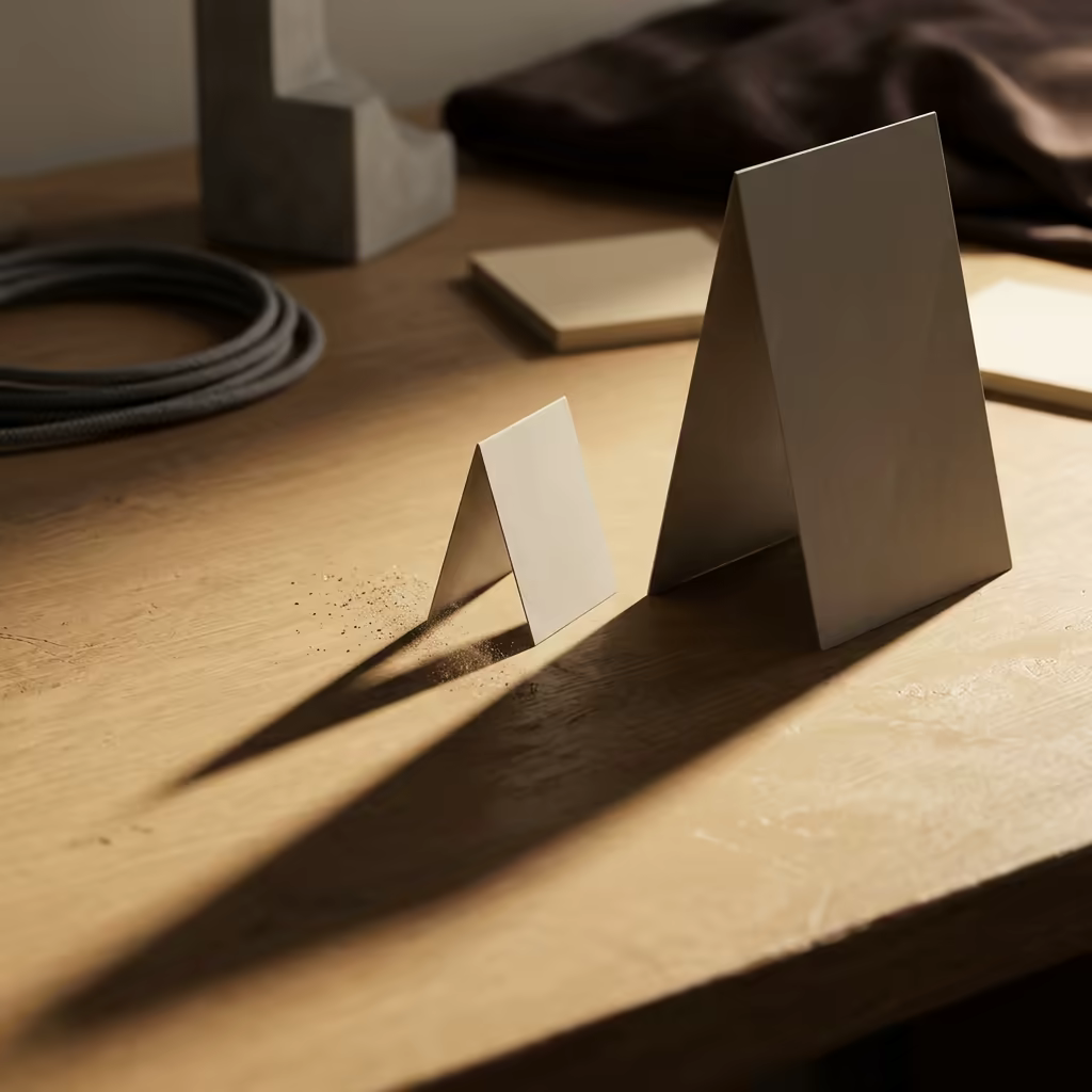 A small folded paper card standing beside a much larger one on a warm wooden desk, the small card's shadow stretching almost as far as the large card's under hard raking light, with dust motes caught at its base