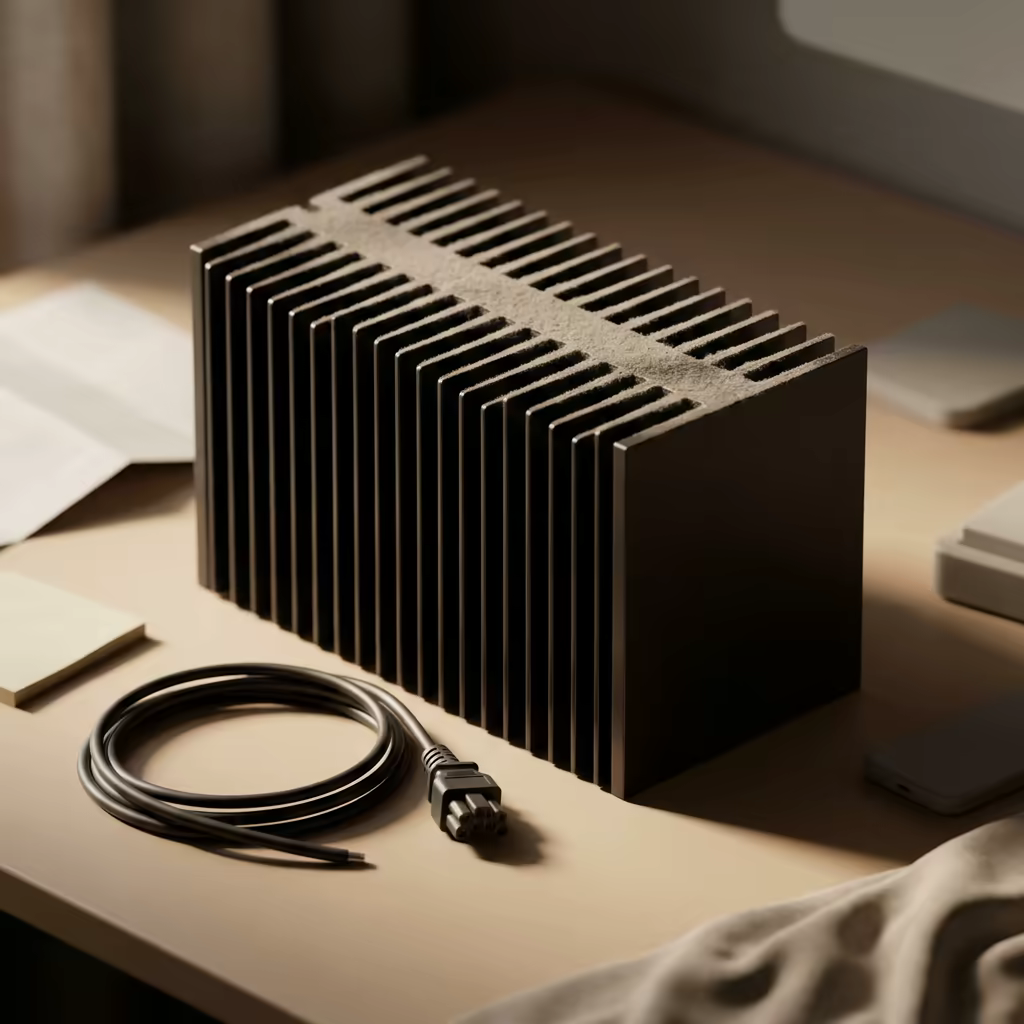 A heavy black finned heatsink sitting switched off on a beige desk with a thick ridge of settled dust across the top of its fins and an unplugged power cable coiled beside it