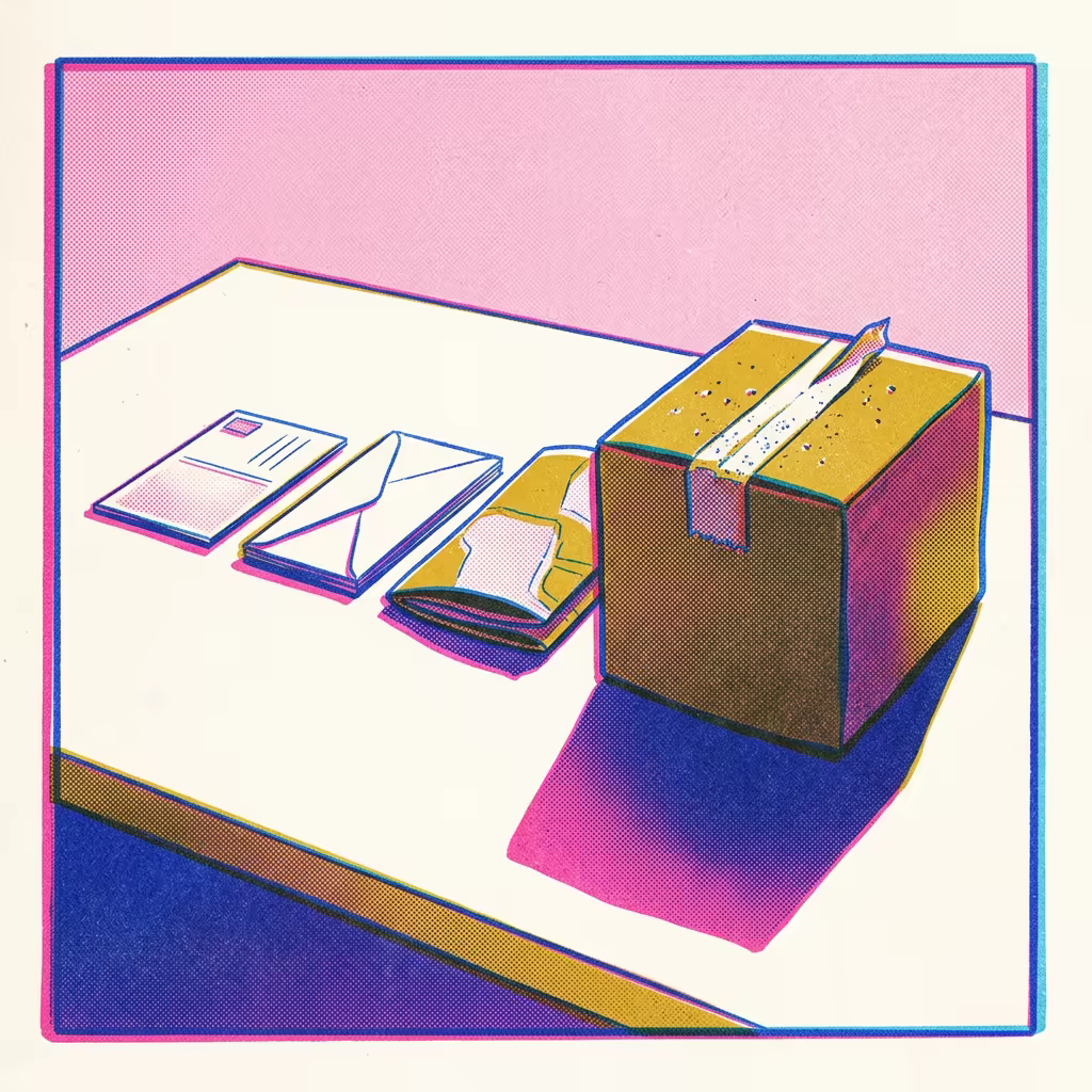 Risograph-style overhead photo of four mailed objects from one print run lined up on a pale table: a flat postcard, a thin envelope, a bulky folded map, and a heavy taped shipping box whose shadow dwarfs all three