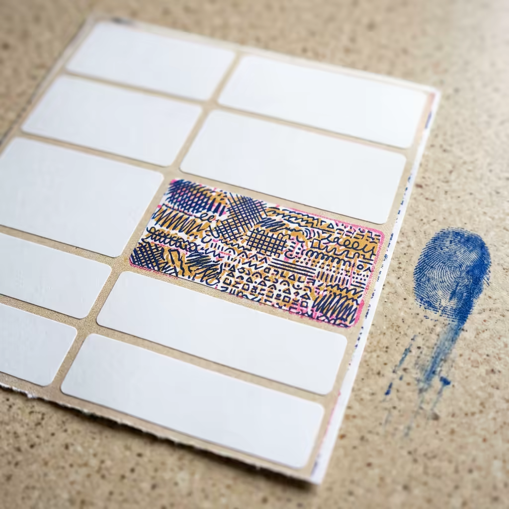 Risograph-style close photo of a sheet of blank white adhesive name badges with one badge saturated edge to edge in dense abstract ink scribble, a smudged blue thumbprint on the table beside it