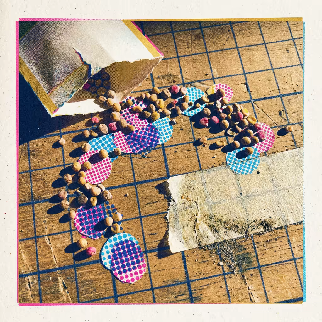 Risograph-style overhead photo of a torn seed packet spilled across a gridded workbench, real seeds casting small round shadows mixed among flat printed halftone dots that cast none