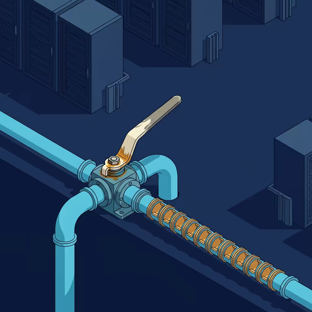 Isometric pipeline junction where a worn manual diverter lever, greased at the pivot, throws the flow away from a short wide route and into a long pipe segmented into twelve small chambers