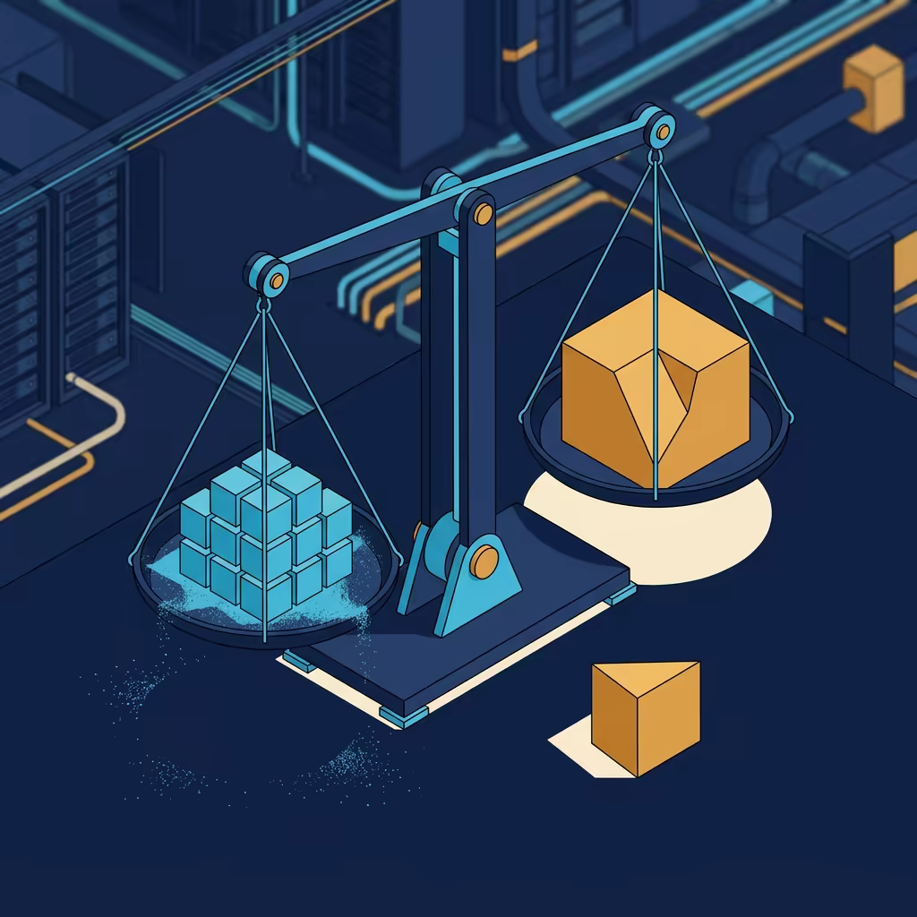 Isometric balance scale weighing a stack of twelve small cyan cubes against one larger amber block with a wedge sliced out of its corner, the cut-off piece resting on the floor nearby