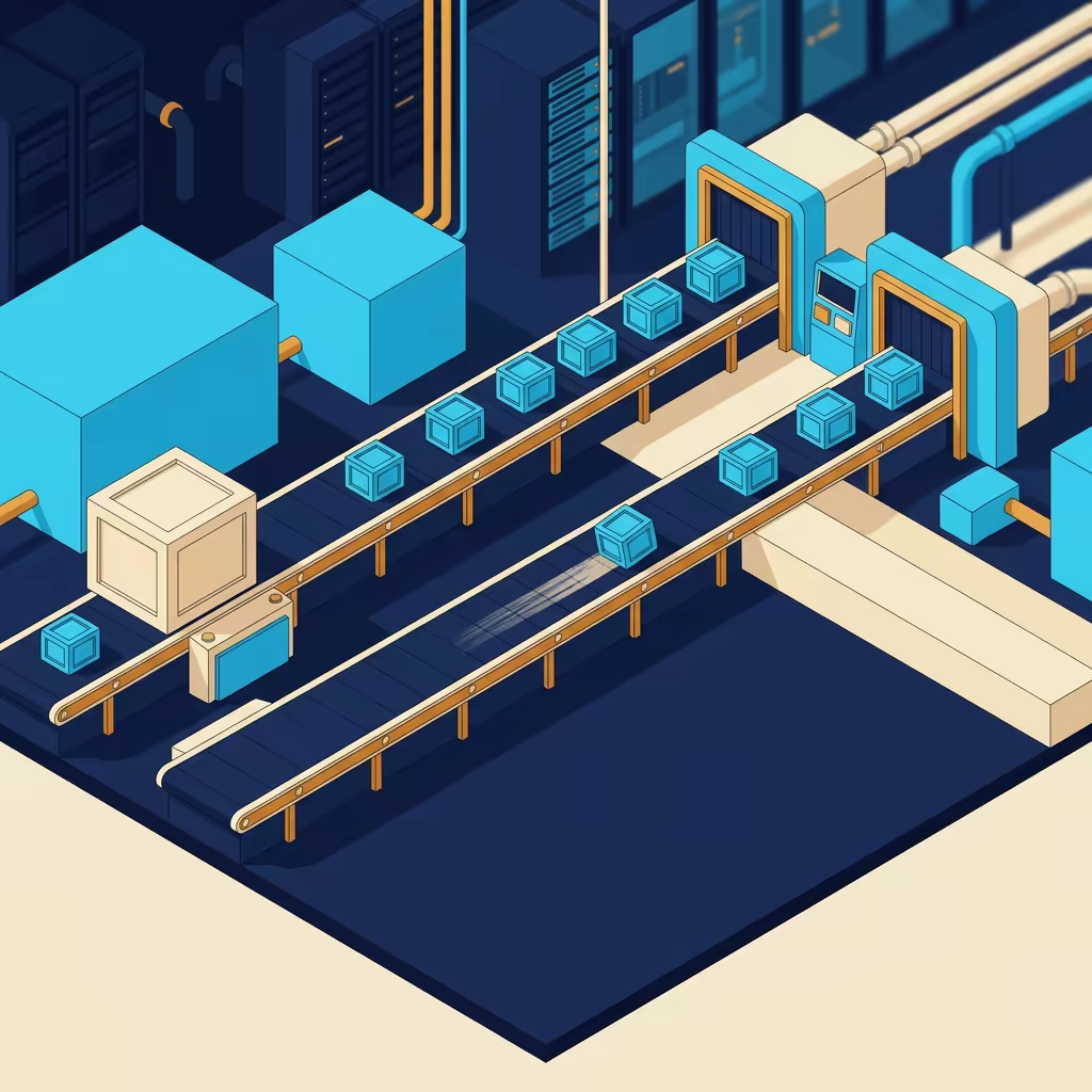 Two parallel isometric conveyor tracks running into the same terminal gate, one carrying a single oversized cream crate and the other twelve small cyan crates, one of them sitting crooked with a scuff trailing behind it