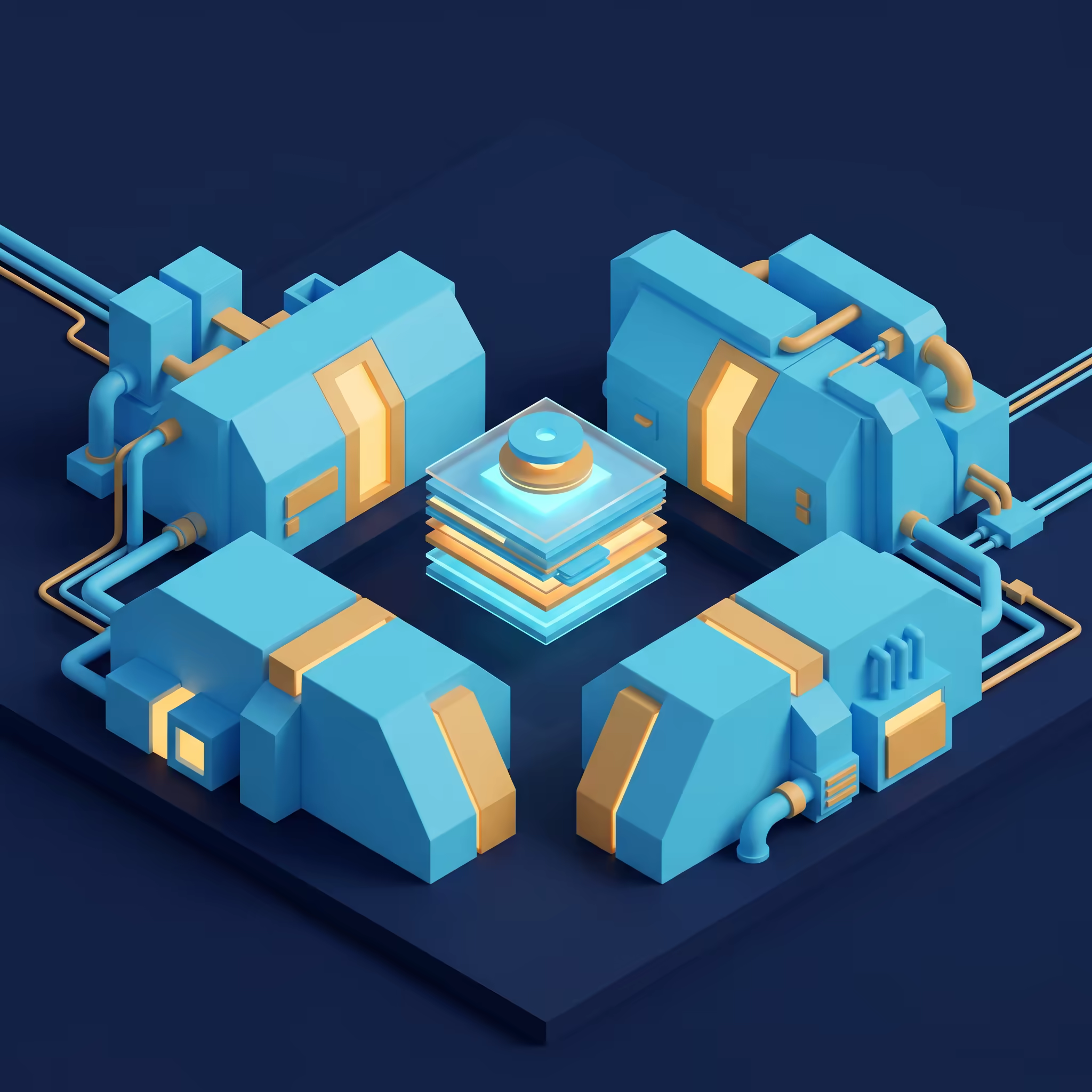 Four large isometric cyan and amber blocks surrounding a central glowing layered data ledger stack on a deep navy platform, viewed from above at 30 degrees
