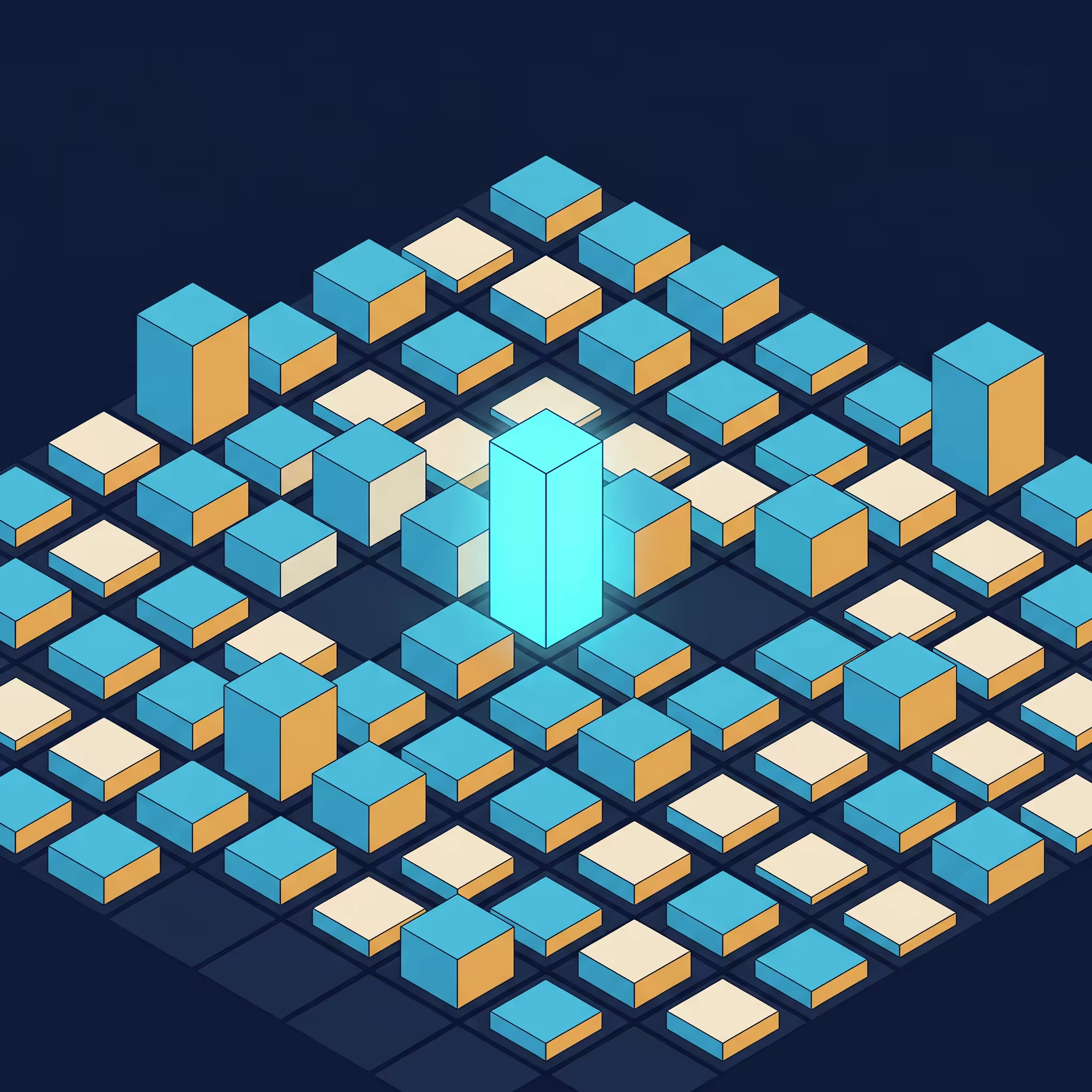 An isometric overhead grid of geometric column blocks at varying heights on a dark navy plane, the tallest central block glowing bright cyan, viewed at 30 degree isometric angle