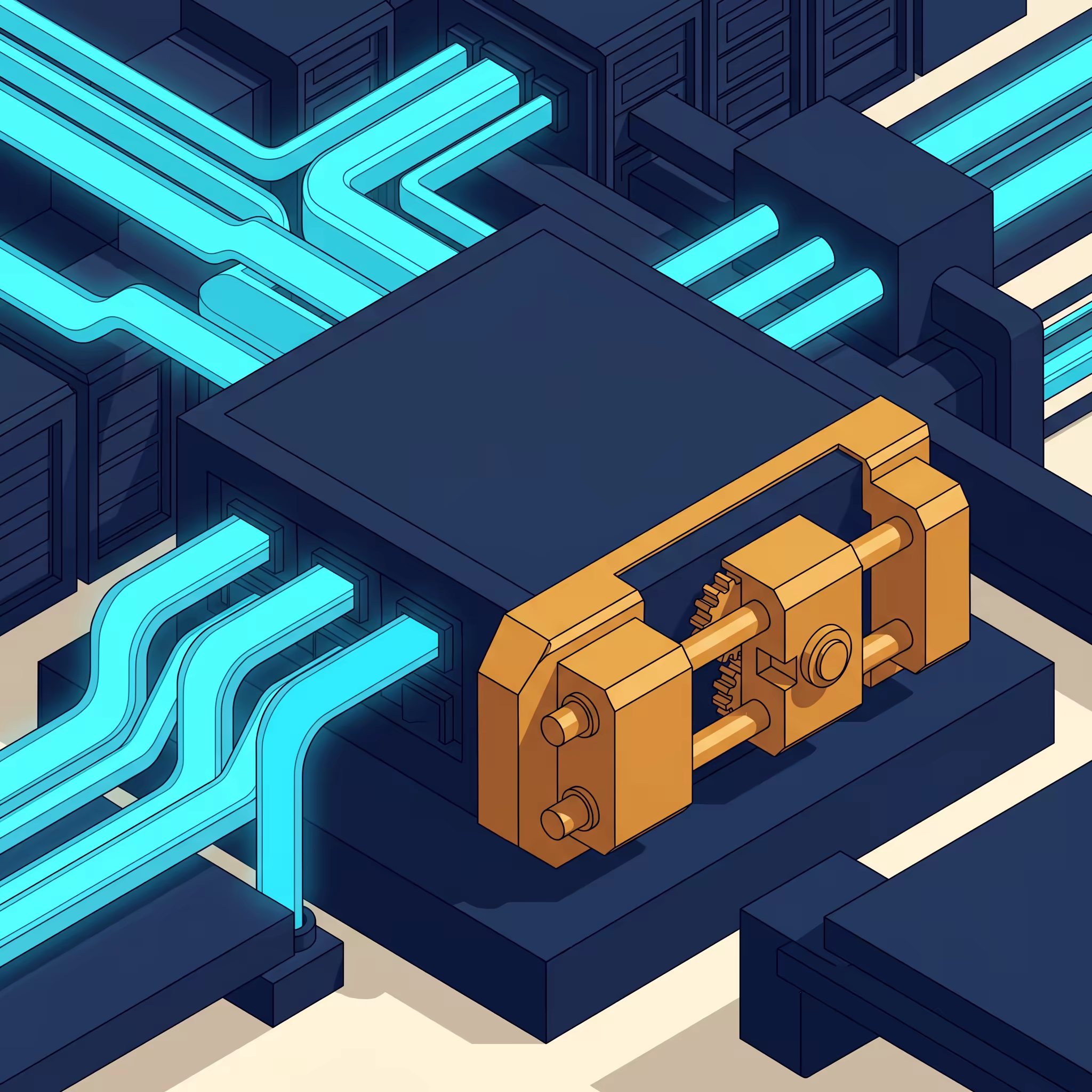 An isometric amber lock bolt mechanism sealing a flat navy data chamber, with glowing cyan pipelines flowing in from the left but the output side sealed by the prominent amber lock, viewed at 30 degrees