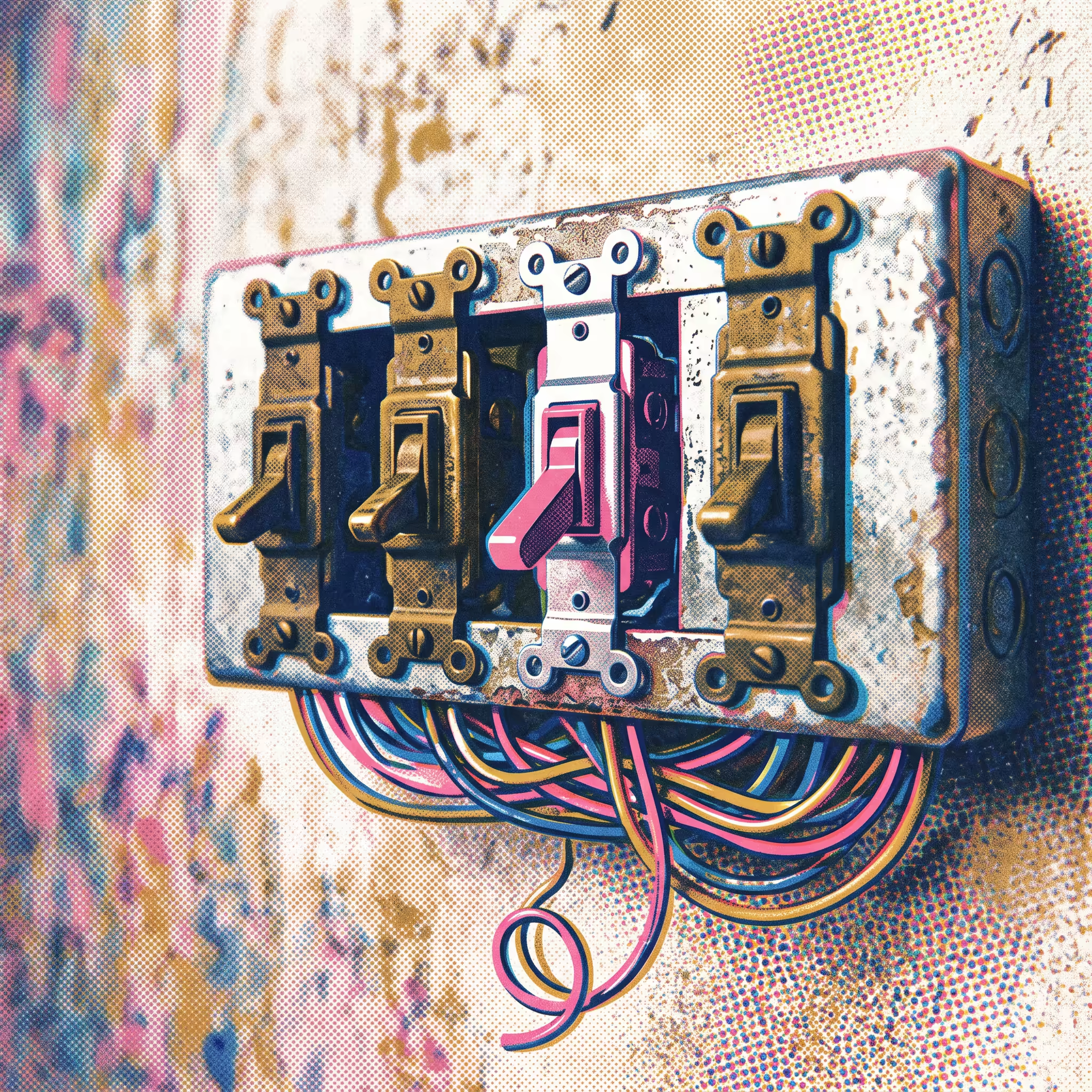 Four worn brass toggle switches on a wall panel, one mid-replaced by a sleek new switch with rerouted wiring hanging loose below