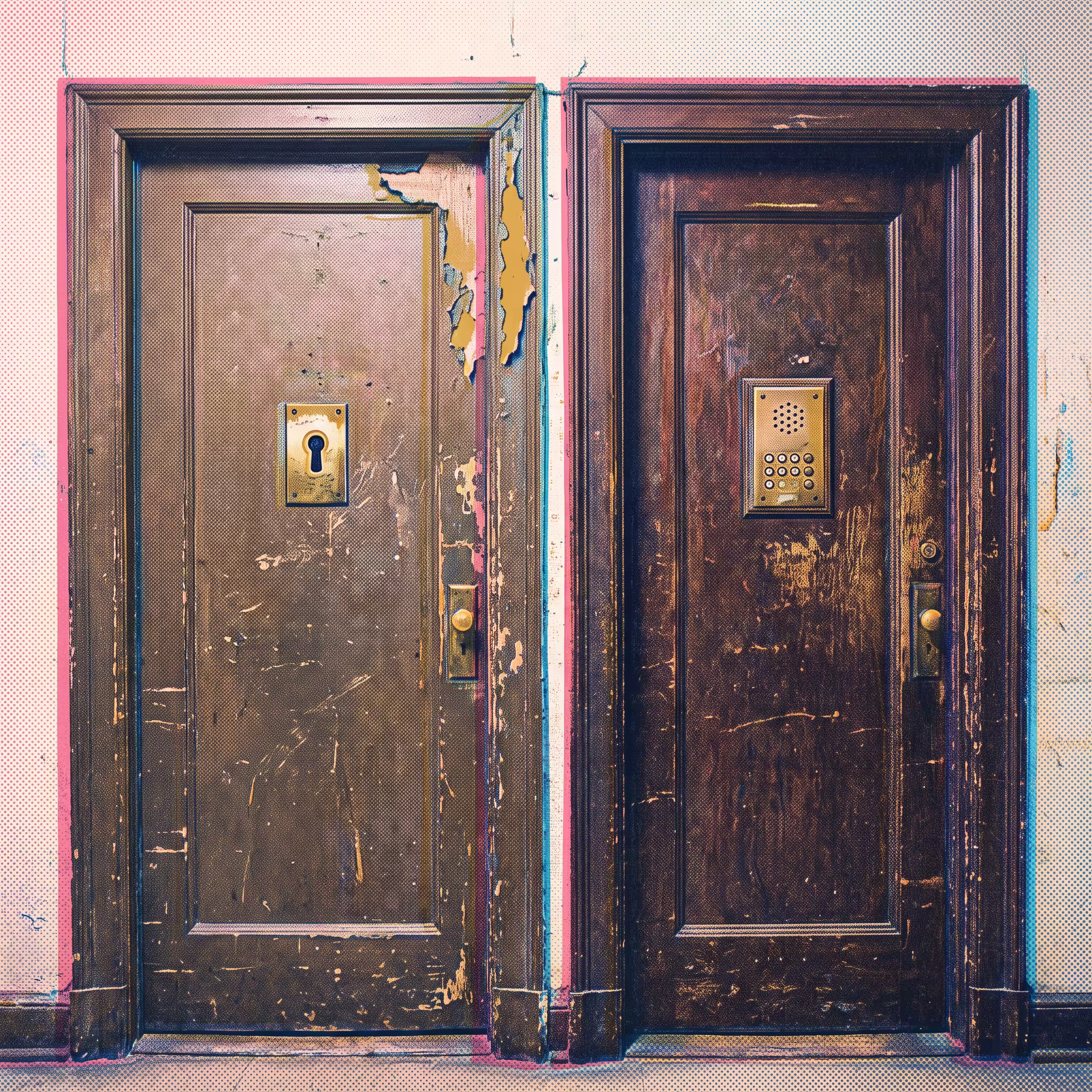 Two weathered apartment doors side by side, one with a plain brass keyhole and the other fitted with an intercom buzzer panel