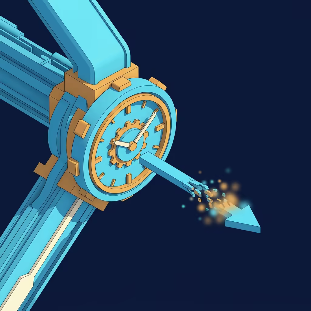 An isometric 3D illustration of a mechanical clock mounted on a data conduit, emitting a single output arrow that dissolves into particles against a dark navy void