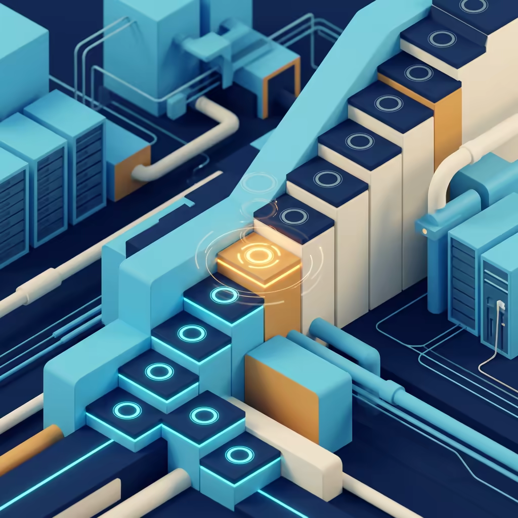 An isometric 3D scene of a staircase structure with glowing cyan checkpoint rings on each step and a single amber-glowing step in the middle, representing step-level retry isolation