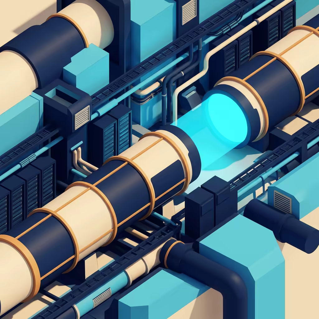 An isometric 3D industrial engineering corridor with a large data pipeline tube extending beyond the visible frame, its open terminus glowing cyan to suggest unlimited task runtime