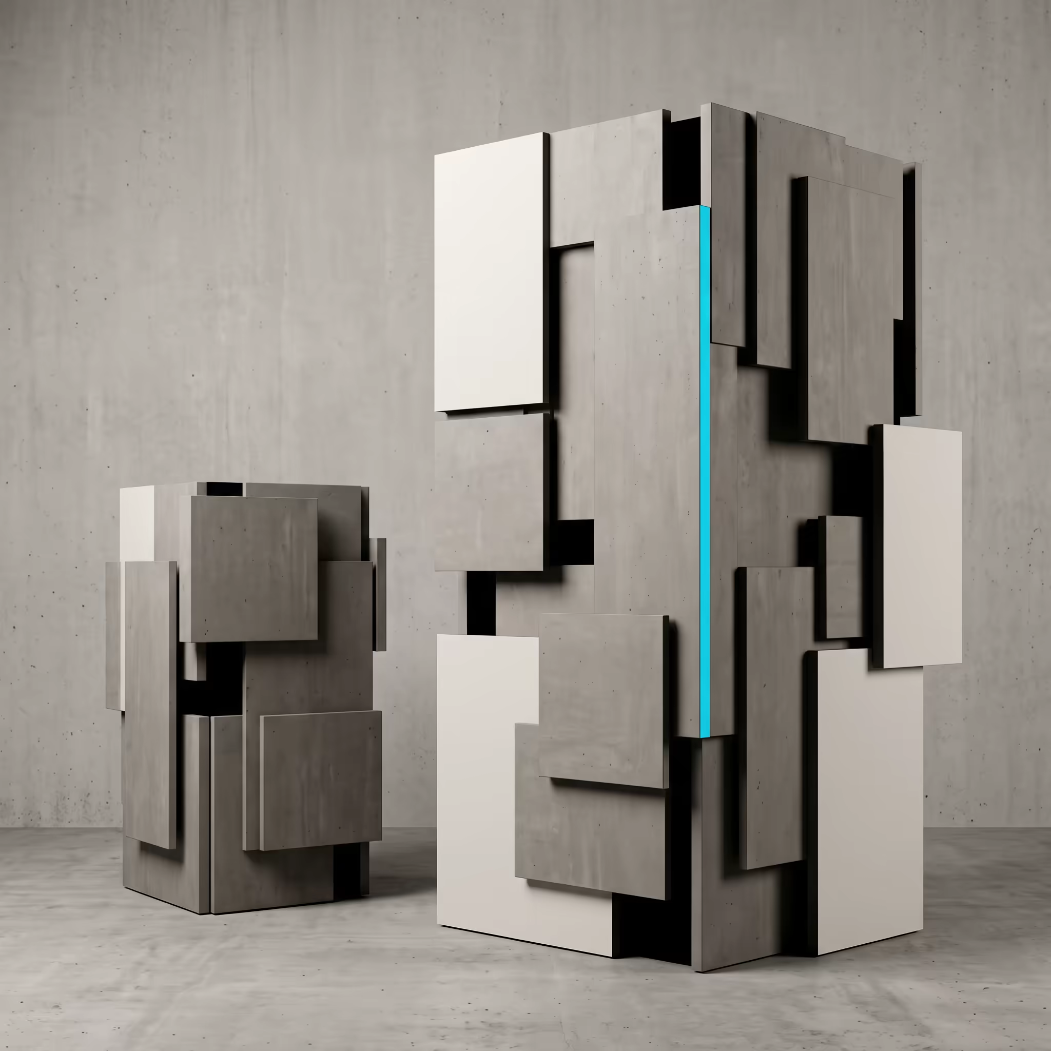 Two brutalist concrete panel structures stand side by side, the taller one built from more overlapping panels reaching further into the frame than the smaller, more compact structure beside it