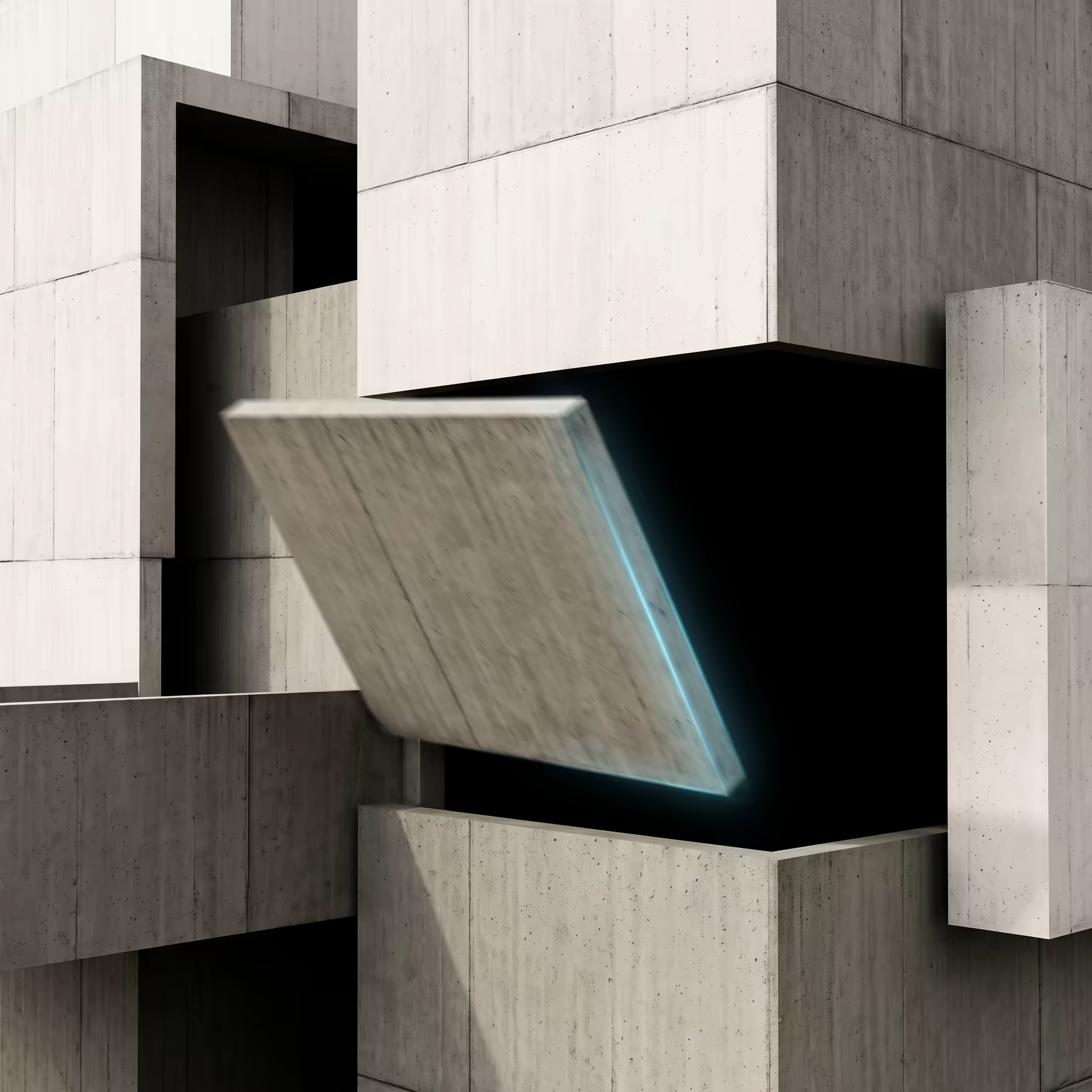 A single concrete panel tilts back into a dark recess within a larger block, its leading edge glowing cyan as it retreats into shadow