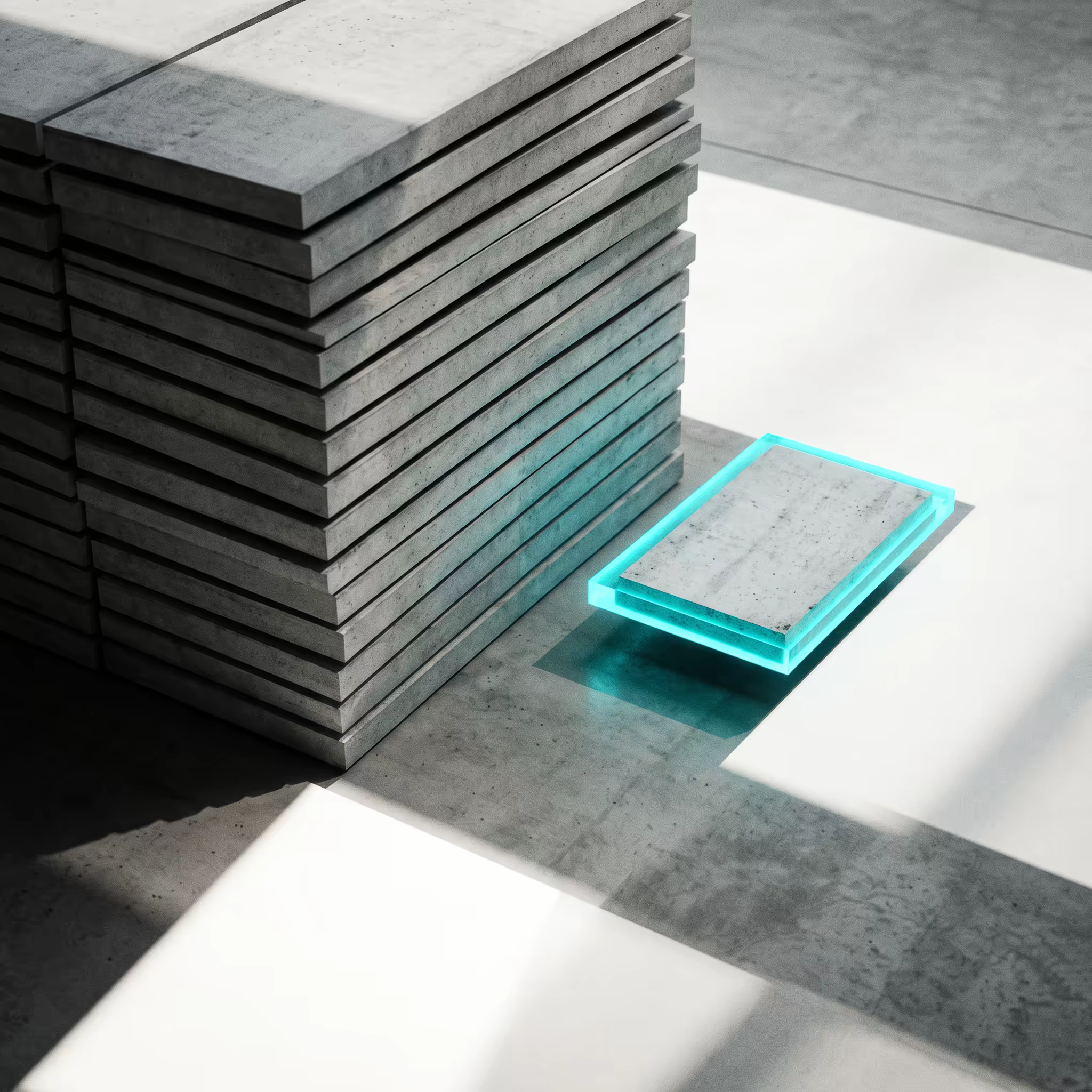 A tight stack of concrete panels sits beside a single smaller panel lifted free and set apart, its edges glowing cyan in open light