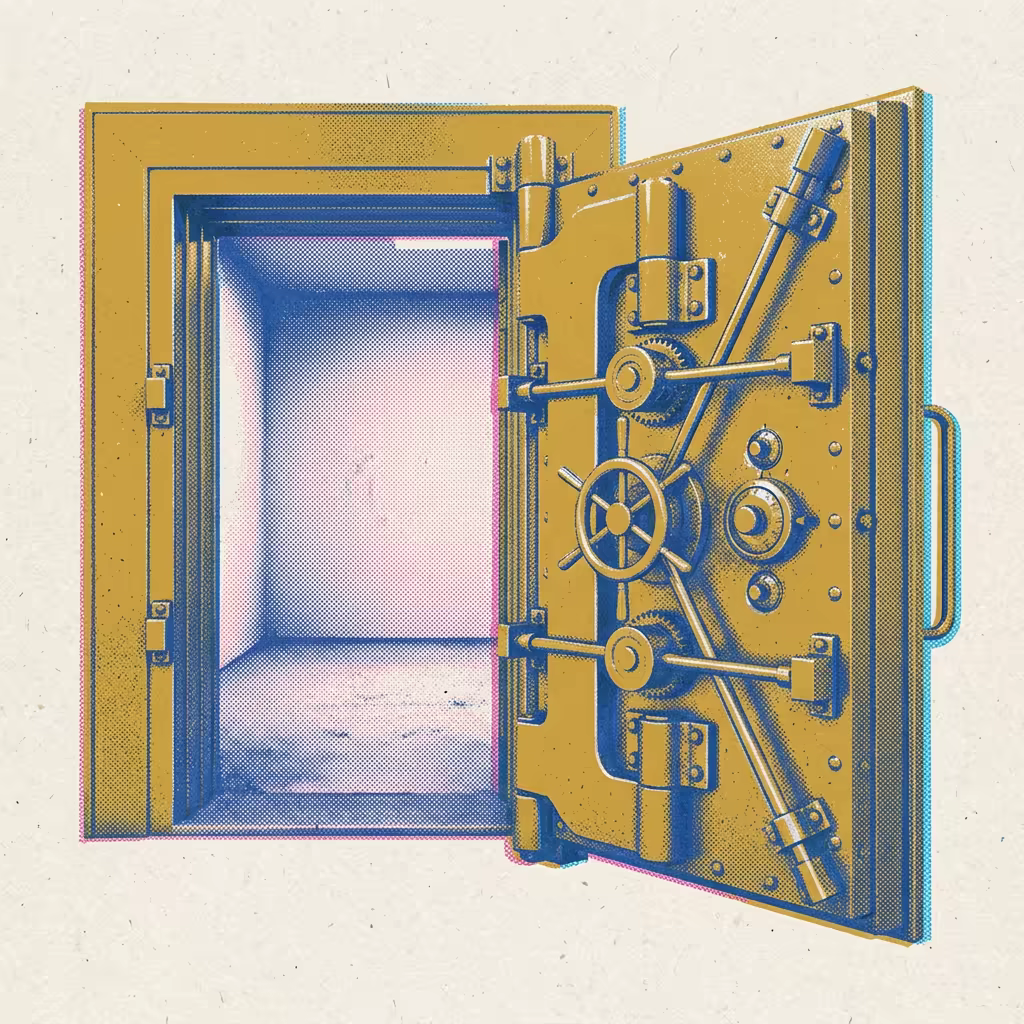 An ornate bank vault door swung open to reveal a completely bare empty room with bare concrete walls — elaborate isolation architecture housing nothing inside. Risograph print in cobalt, hot pink, and mustard with halftone grain.