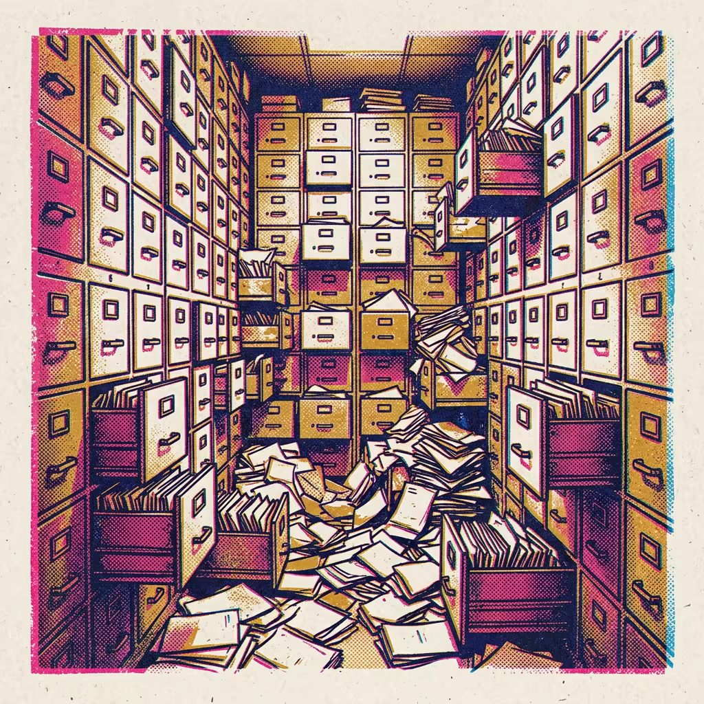 Hundreds of identical metal filing cabinets packed floor-to-ceiling in a narrow corridor, drawers cascading open with papers spilling everywhere — the impossible operational weight of too many isolated containers. Risograph print in mustard and hot pink with halftone grain.