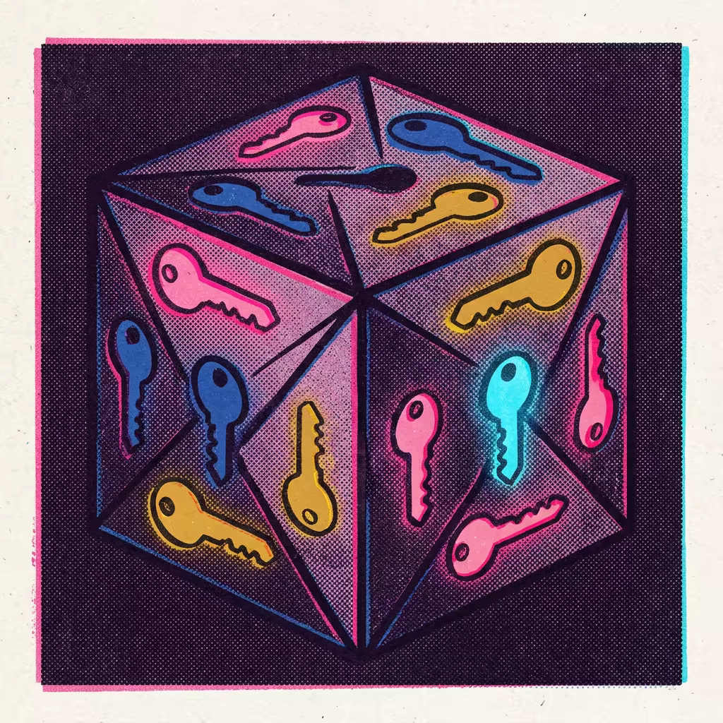 A single elegant geometric block with multiple color-coded key-shaped cutouts on its surface, each silhouette glowing distinctly — one unified infrastructure, many locked compartments sharing the same foundation. Risograph print in cobalt and cyan with halftone grain.