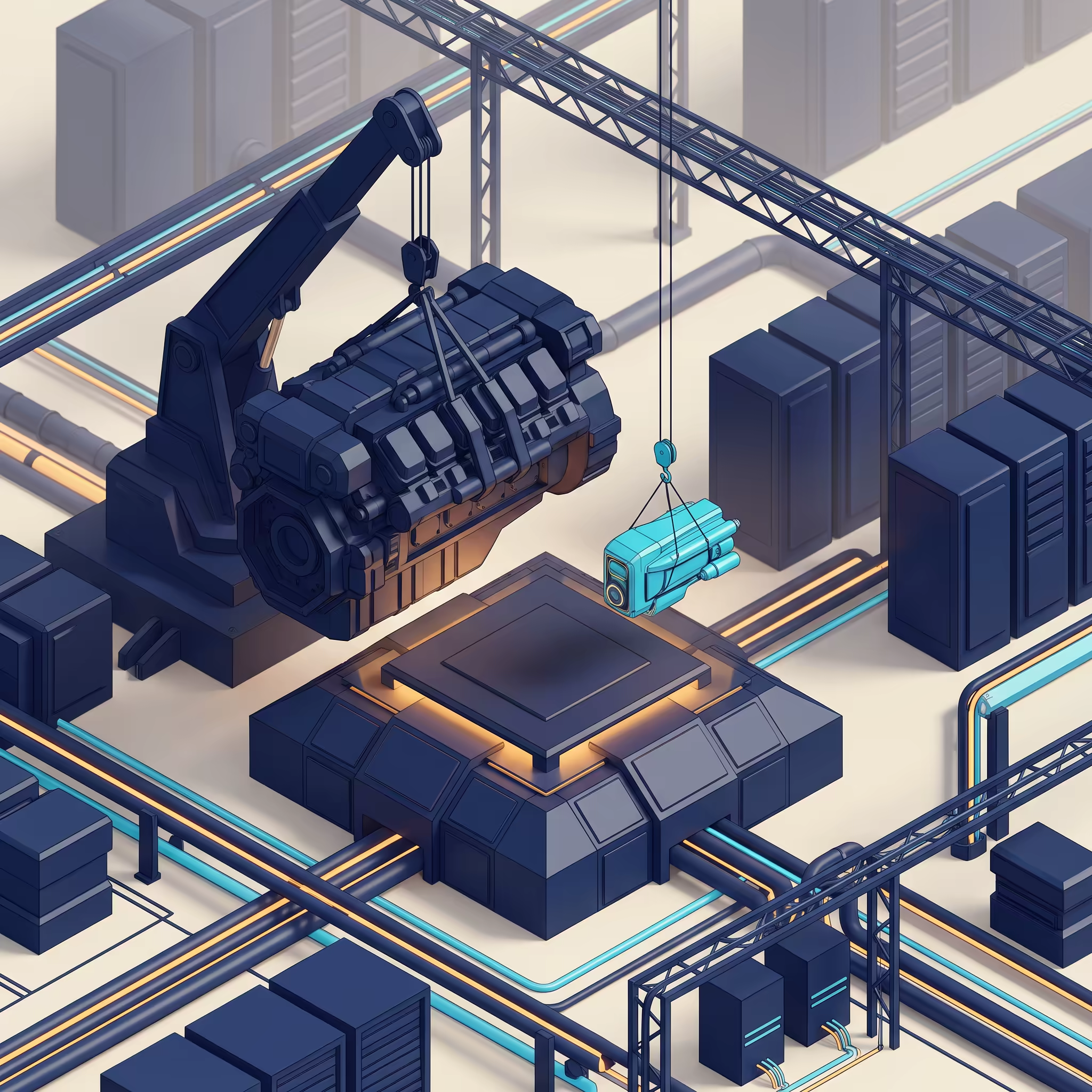 Isometric illustration of a heavy armored engine core being craned away from a raised pedestal while a compact cyan module descends to take its place