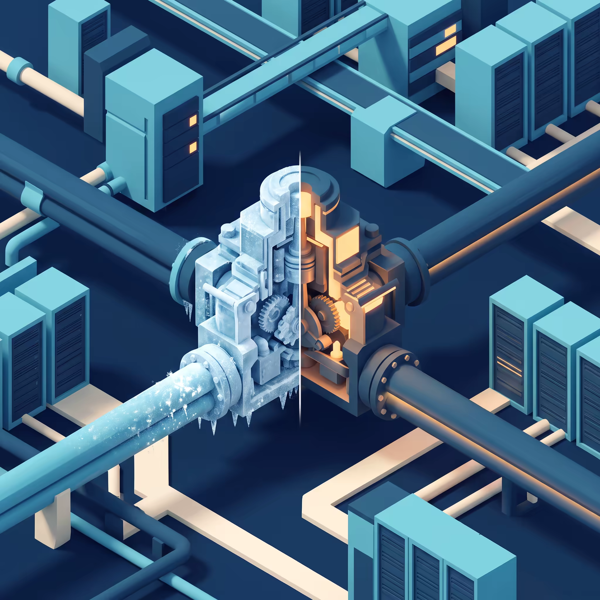 Isometric illustration of a single mechanical assembly split down the middle, one half coated in frost and icicles, the other half glowing warm and active