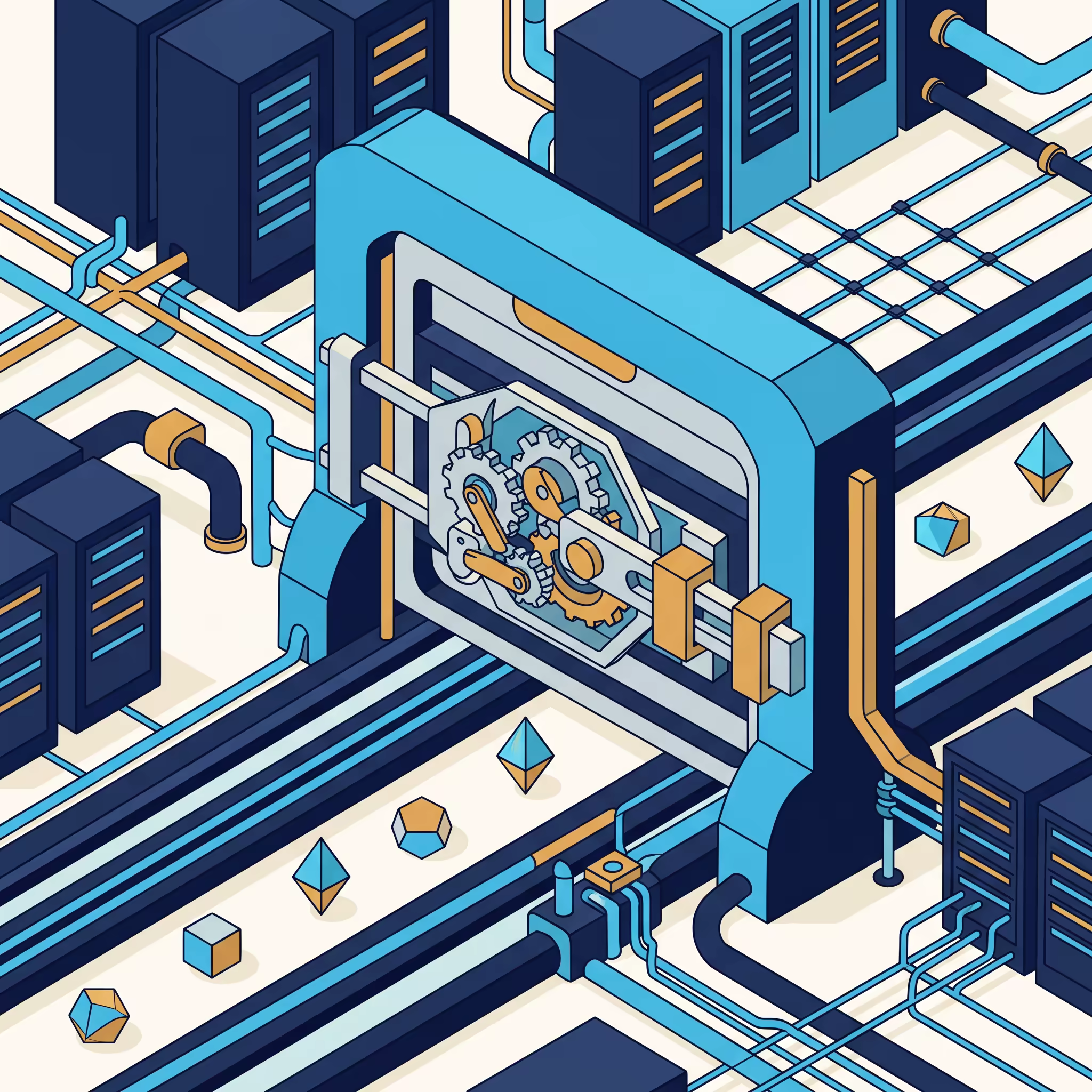 Isometric illustration of a large mechanical checkpoint gate with visible internal gears inspecting small geometric tokens as they approach on a conveyor
