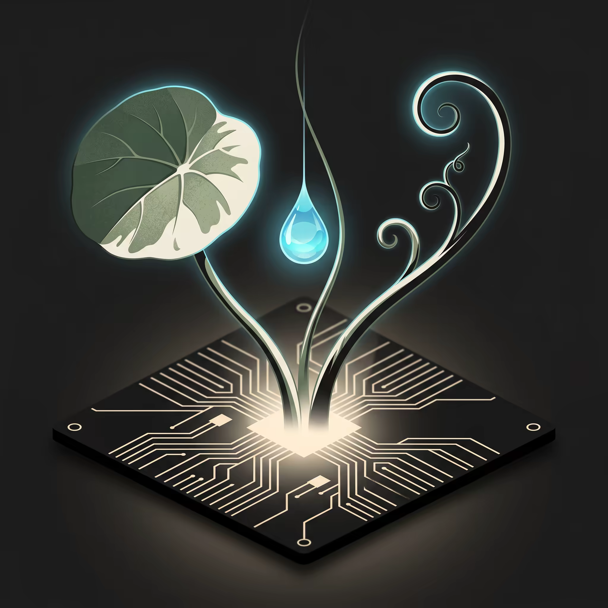 Three botanical forms — a round leaf, a suspended water droplet, and a curling vine — growing upward from a single circuit board base, their roots converging at a glowing junction