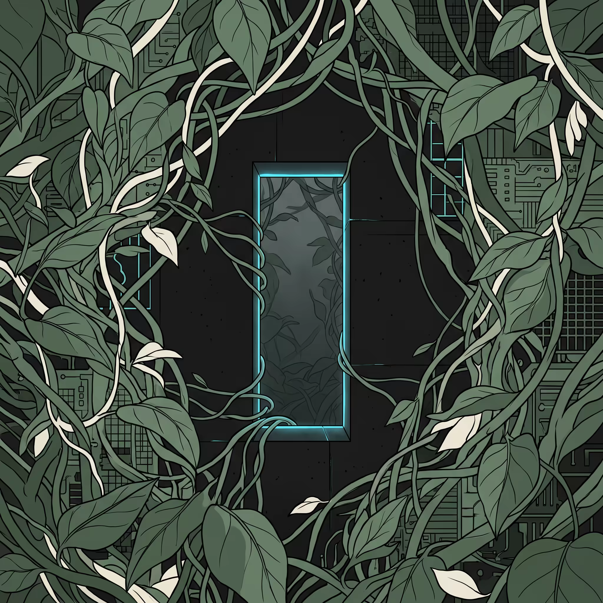 Dense vine branches pressing toward a narrow rectangular gap in a concrete wall, with the gap edged in cyan light and branches dissolving into mist on the far side
