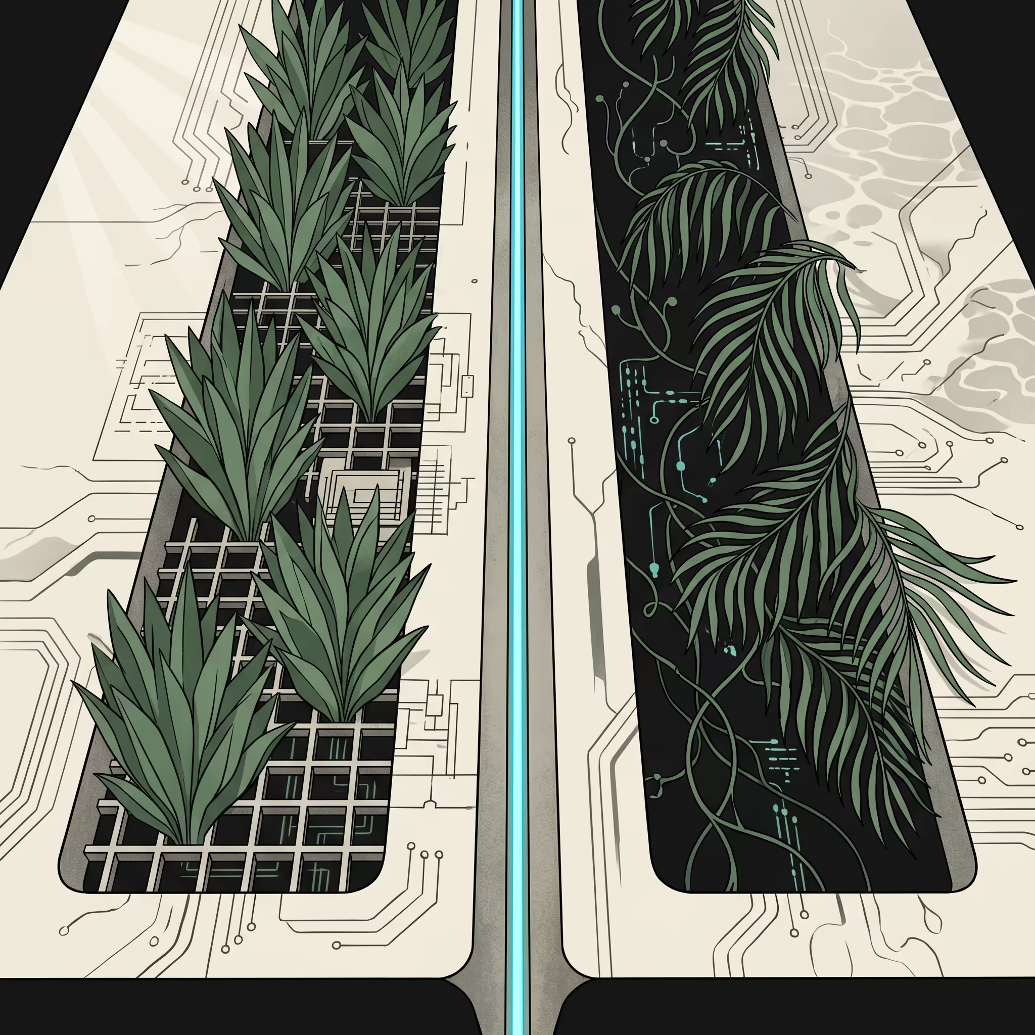 Two parallel concrete channels viewed from above, left containing structured upright plants and right containing flowing fronds, separated by a cyan-lit raised divider
