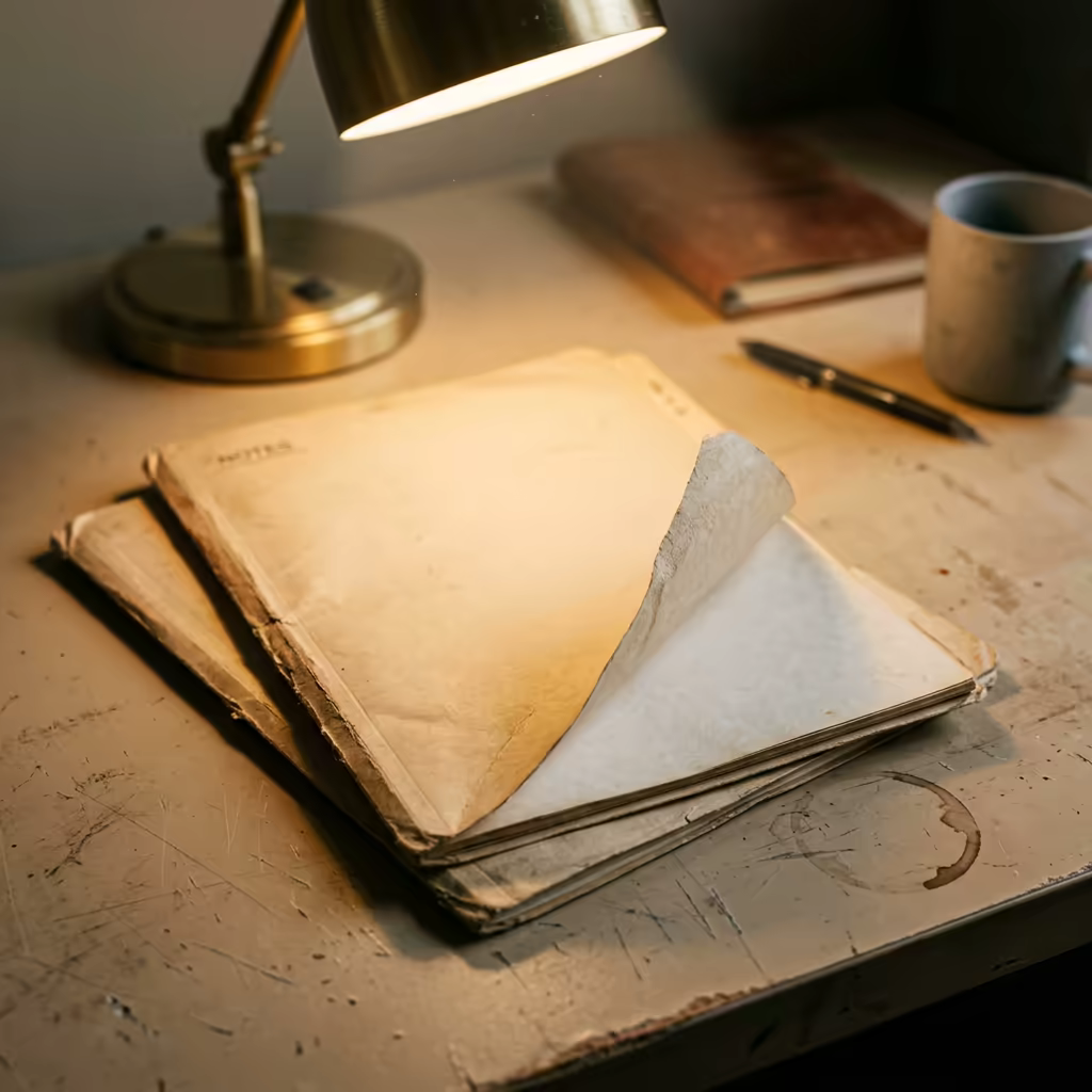Two worn paper document folders stacked on a scuffed desk under a brass lamp, the top cover curled back to reveal a clean page underneath, dust drifting in the beam and a coffee ring on the desk