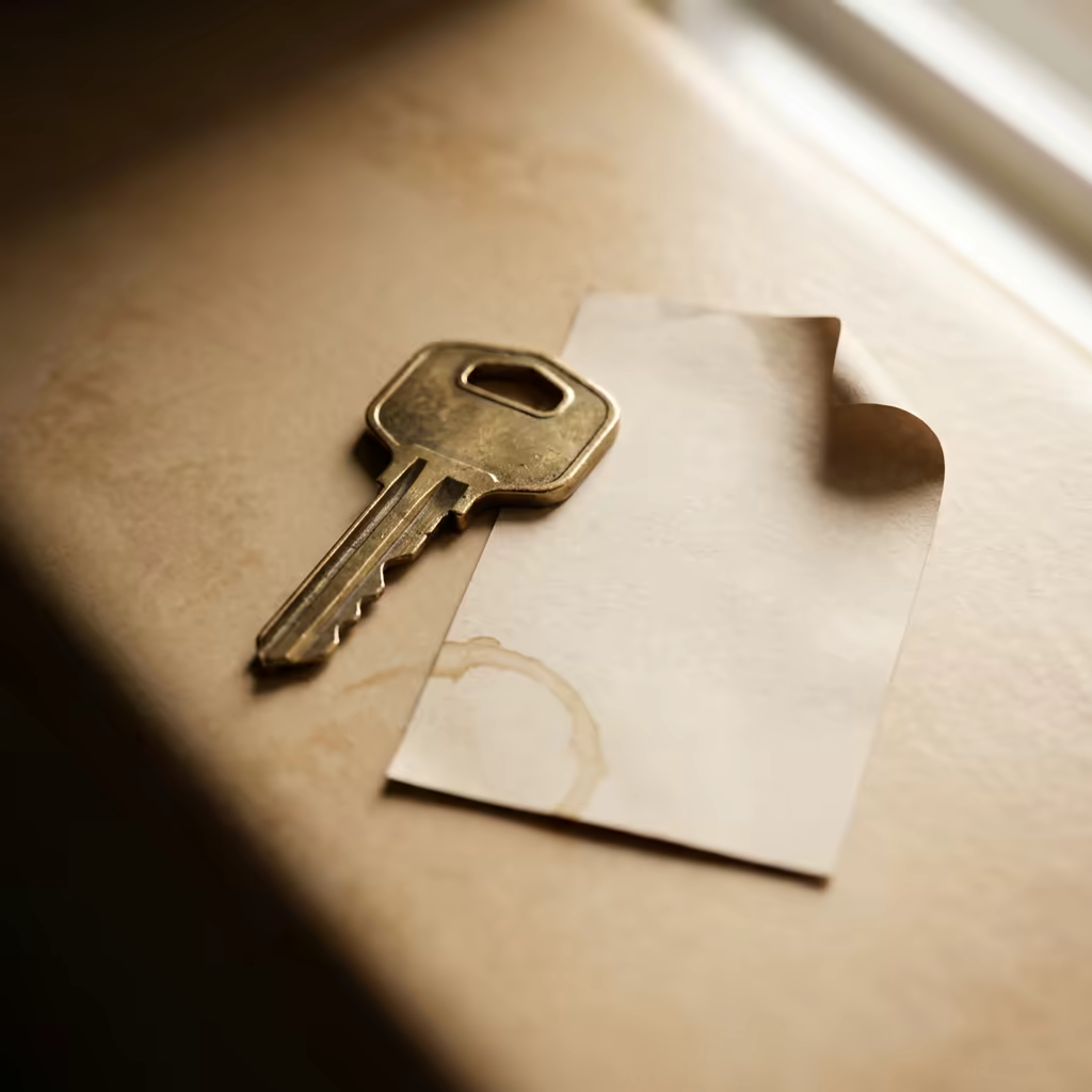 A single brass key on a beige surface beside a small paper tag, the tag corner curled, one faint coffee ring overlapping its edge