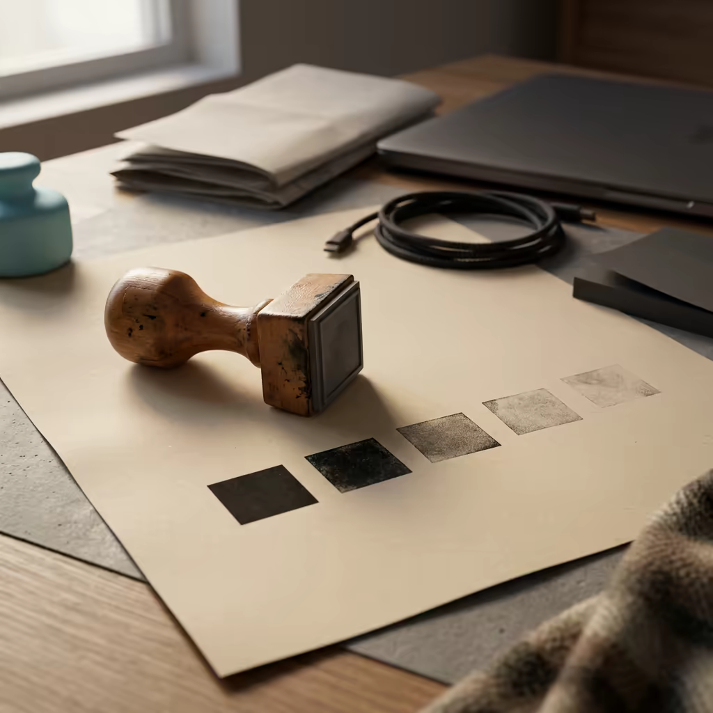 A wooden-handled rubber stamp lying on its side on beige paper, the same impression pressed five times in a row beside it, each one slightly more misaligned and faded than the last