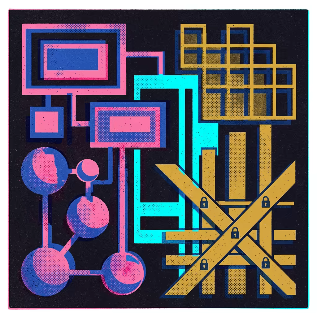 Risograph-style illustration of two symmetric geometric gate forms in hot pink and cobalt with halftone textures guarding clean data lanes, single cyan accent on the dividing line