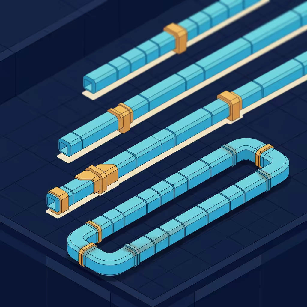 Five isometric segmented pipeline runs of clearly different lengths on a dark grid floor, the longest one folding back on itself twice at the bottom of the frame