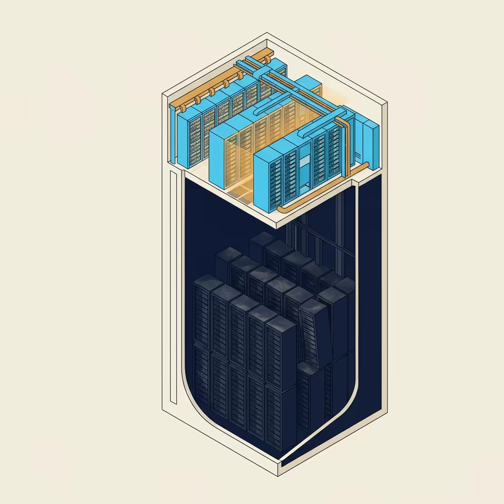 Isometric cutaway of a tall data silo: a brightly lit, finished top floor sitting above two thirds of dark, dust-covered unlit storage racks