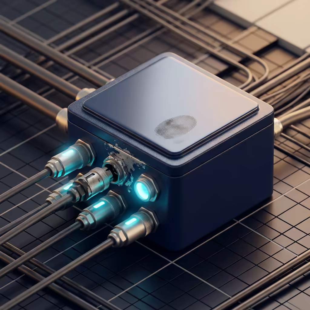 Isometric junction box with five cable connectors entering it, one pulled half out of its socket with its light gone dim while the other four glow cyan