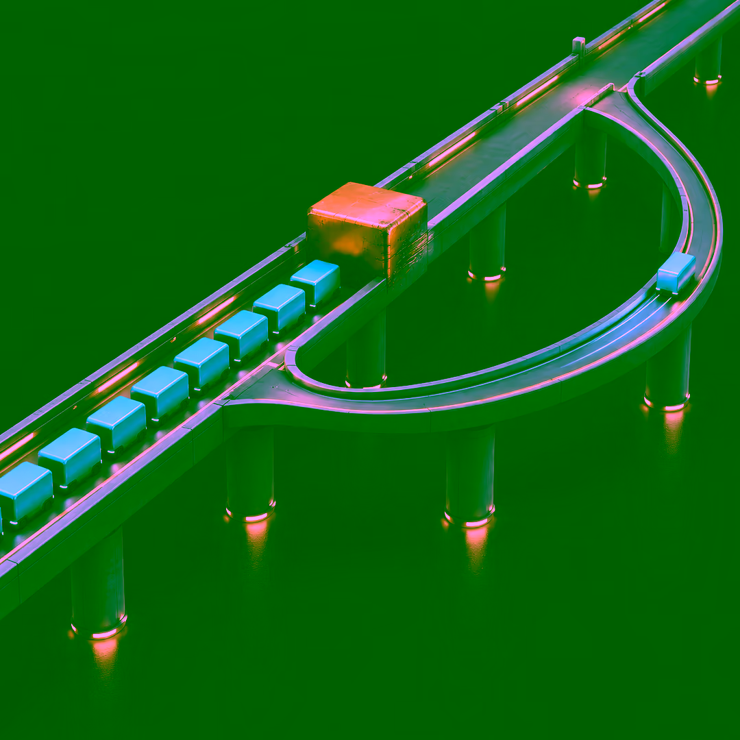 An isometric transport corridor with a large block wedged across the lane and small carriers queued motionless behind it, while a single carrier travels freely around a side loop that rejoins the corridor further along.