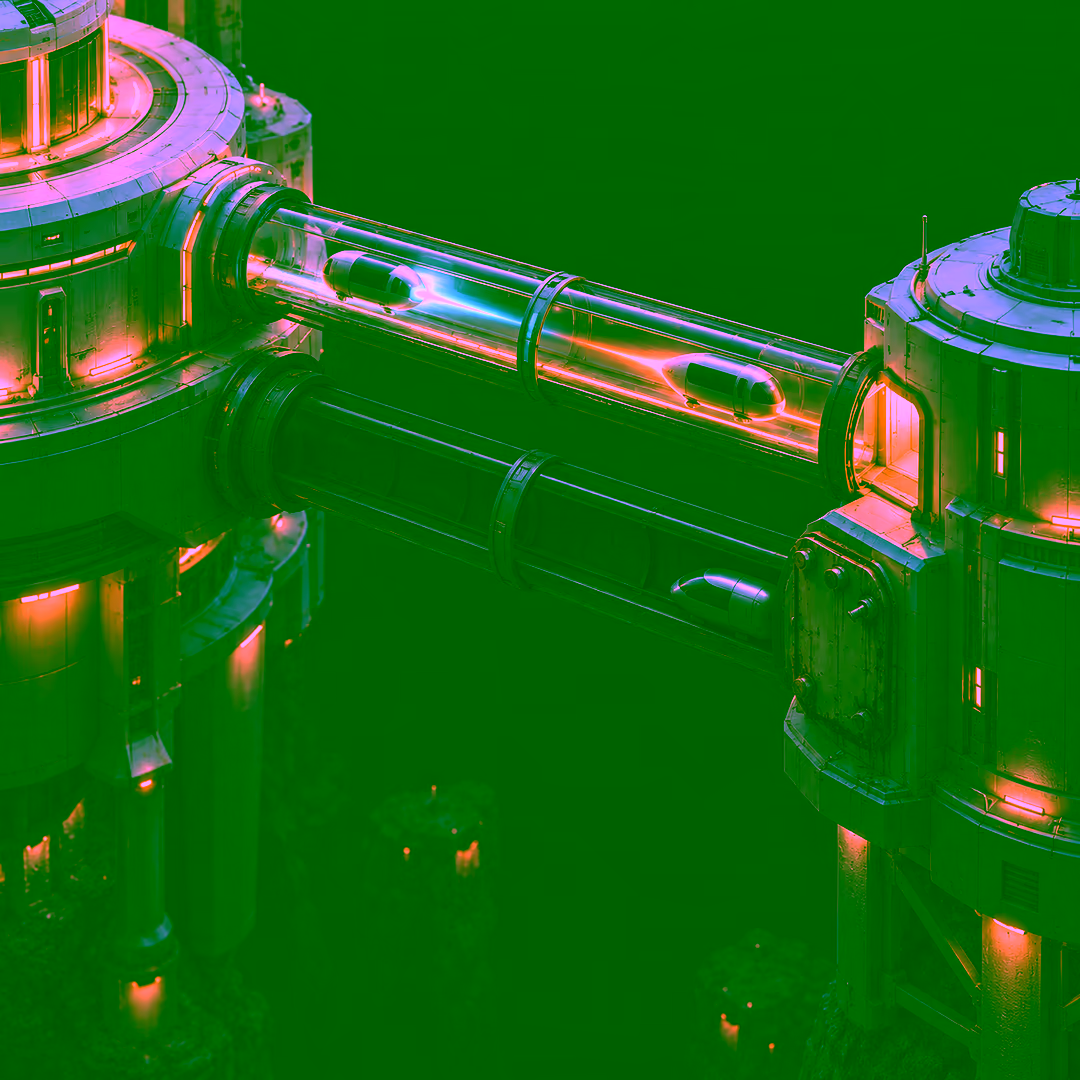 An isometric view of two structures joined by two conduits: the upper one lit, carrying a capsule out and another capsule back, and the lower one sealed by a rust-streaked bolted plate with a capsule stopped against it.