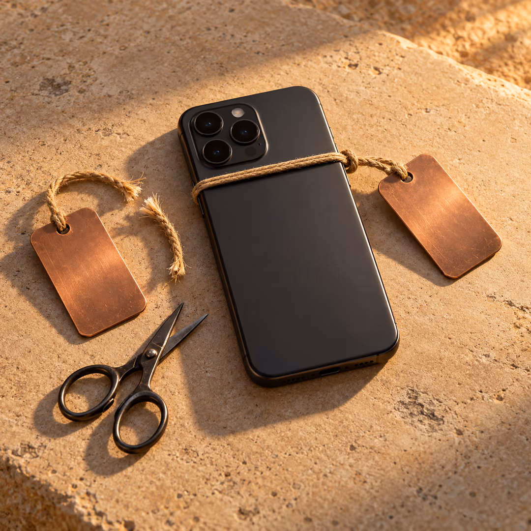 A smartphone lying face down on warm stone with a blank copper tag tied around it by a fresh cord. Beside it lies a second blank tag whose cord has been cut, next to a small pair of scissors.