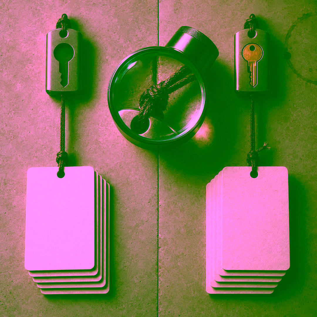 The same surface split down the middle: on the left an identity tag with an empty keyhole, corded to a stack of five blank record tags, and on the right the same tag with a brass key seated and the same five tags, with a magnifier across the seam enlarging the knot that ties tag to records
