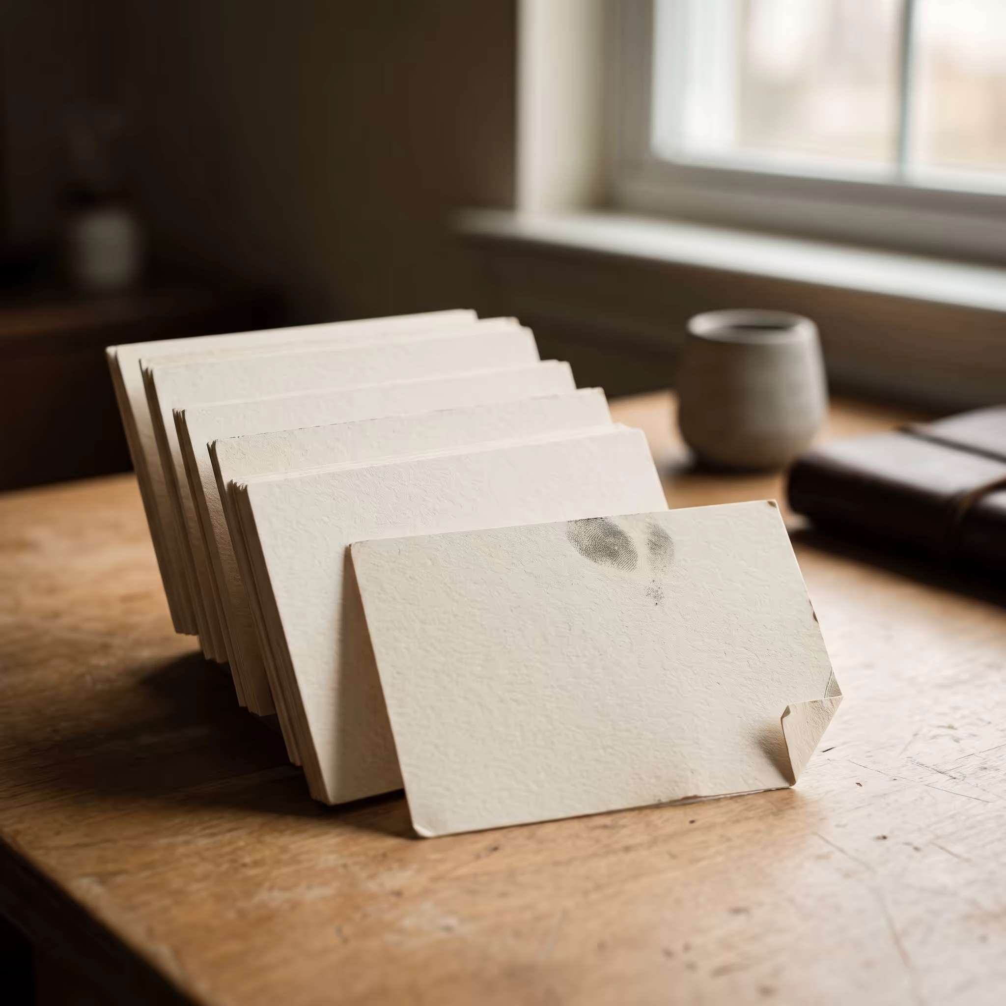 A stack of cream index cards fanned into a tilted column on a wooden desk, one card slipped loose in front with a dog-eared corner and a grey thumbprint