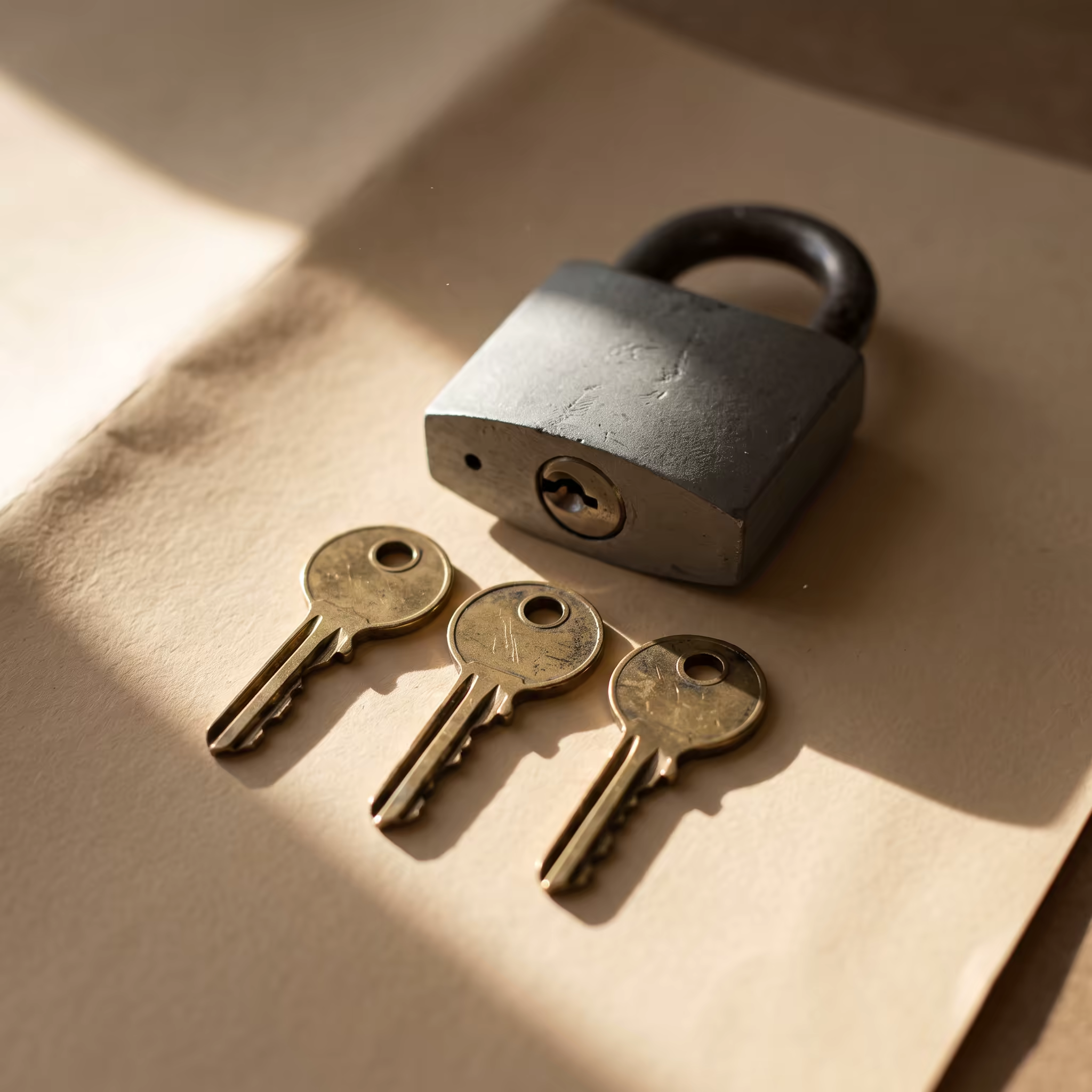 Three brass keys with visibly different cuts laid in a row beside a heavy matte-grey padlock on beige paper, lit by hard raking light
