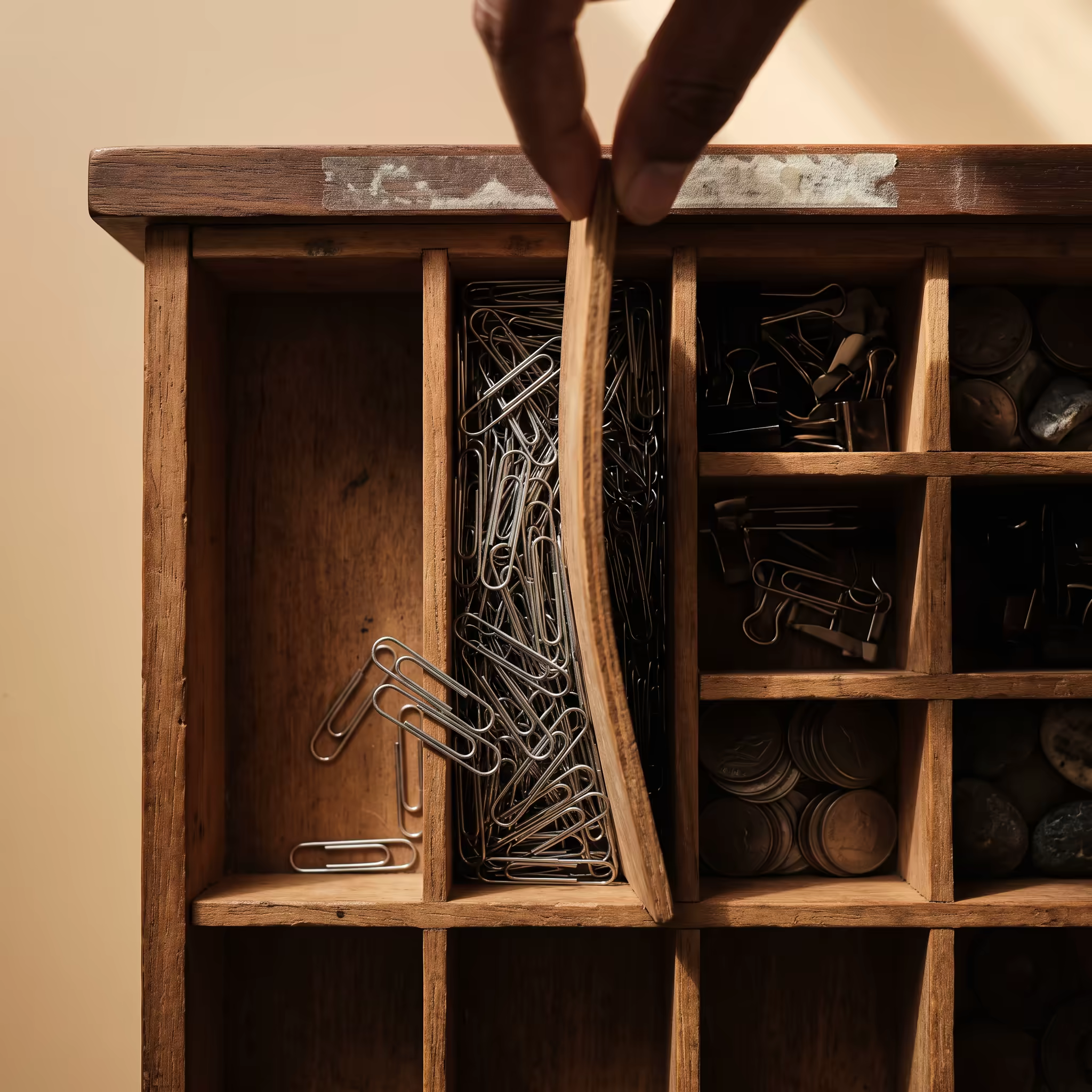 A hand pressing a bowing wooden divider down into a drawer compartment already packed full of paper clips, with several clips spilled into the neighbouring slot