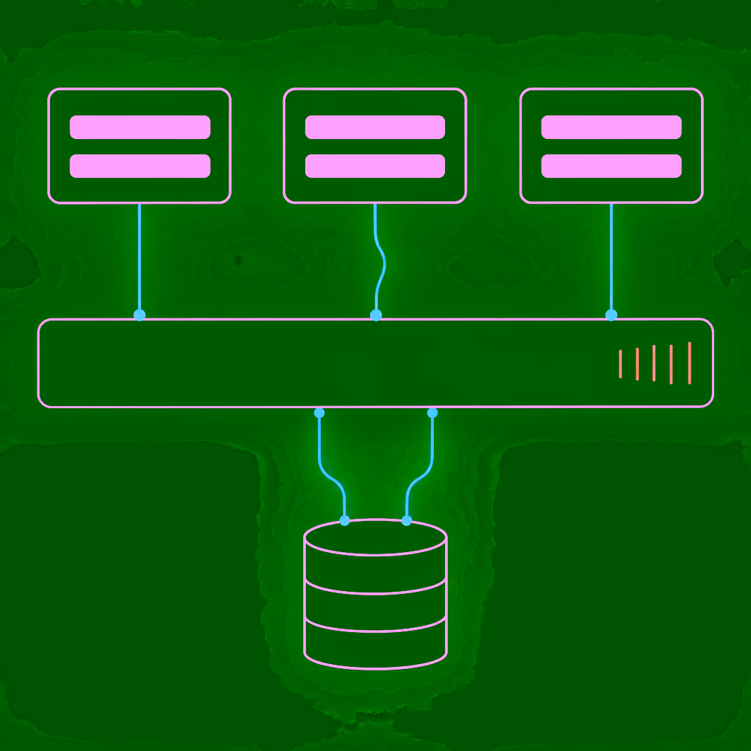 Three app screens connect downward into one shared counting layer marked with tally strokes, which in turn connects to a single database cylinder.