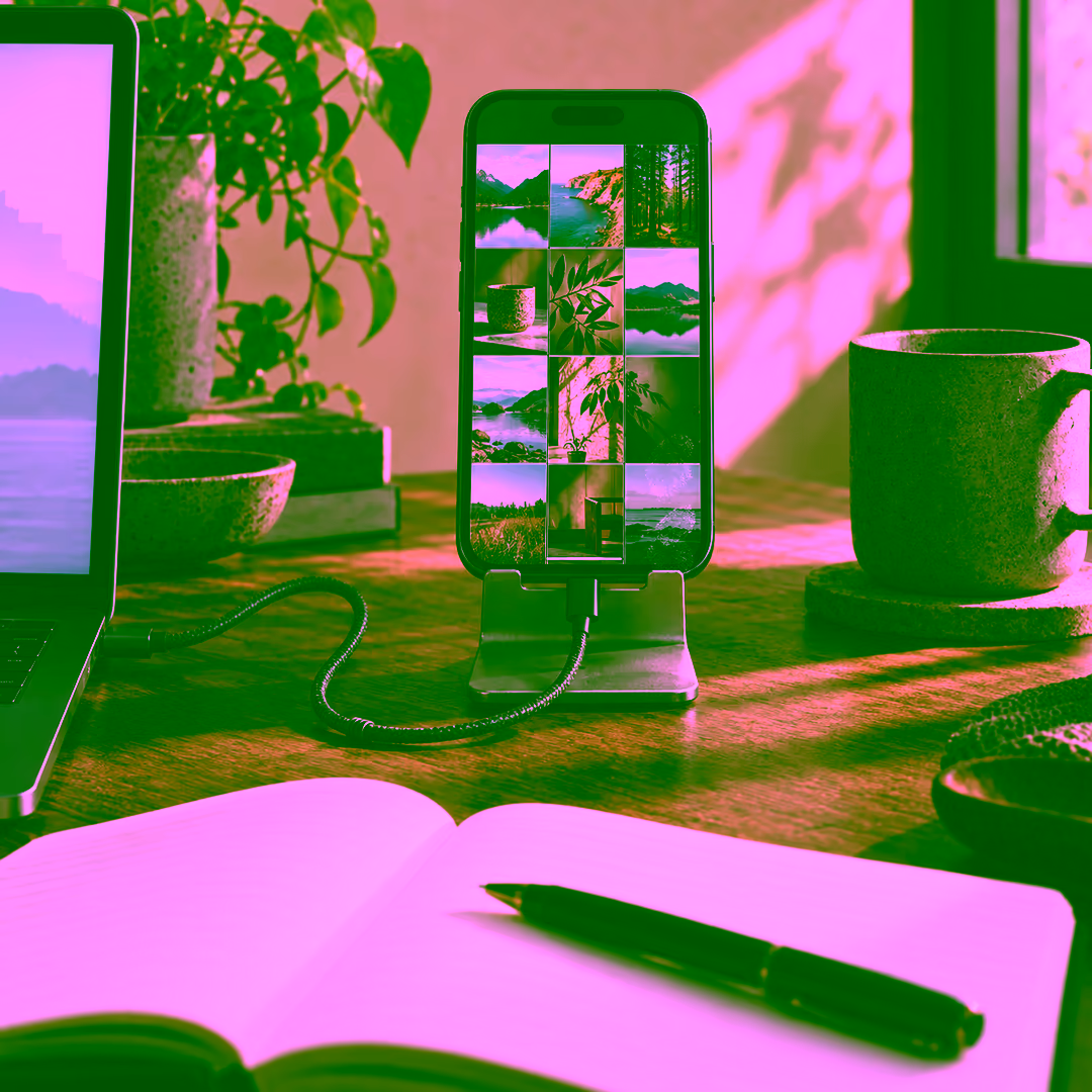 A smartphone upright in a metal stand showing a grid of photo thumbnails, a braided USB cable running from its base to the edge of an open laptop, with an open blank notebook and a pen in the foreground on a wooden desk