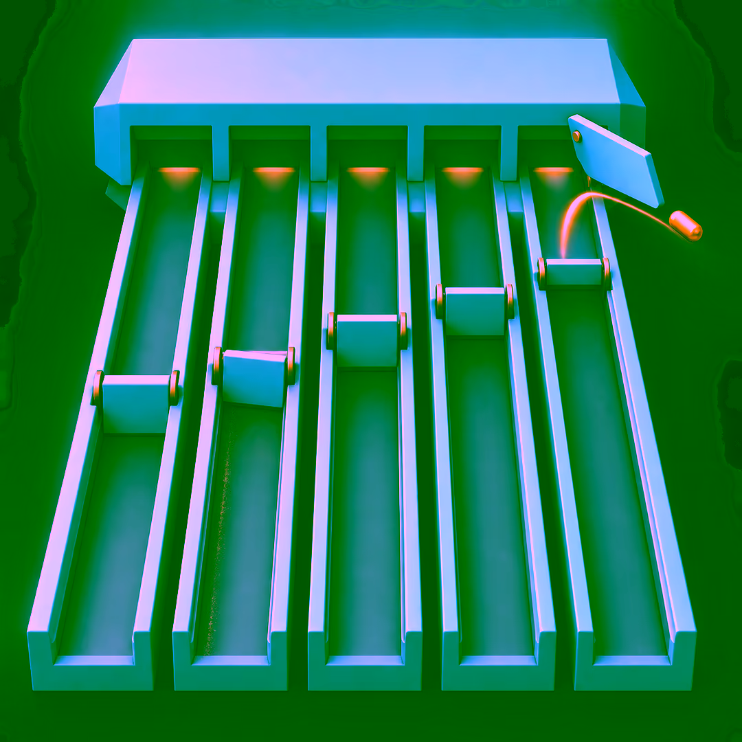 Isometric diagram of five parallel channels feeding one plate, with sliding shutters closing across them at staggered positions and one shutter slightly crooked in its rail, while a single capsule that escaped the rightmost channel is turned aside by a tilted deflection plate before it reaches the plate