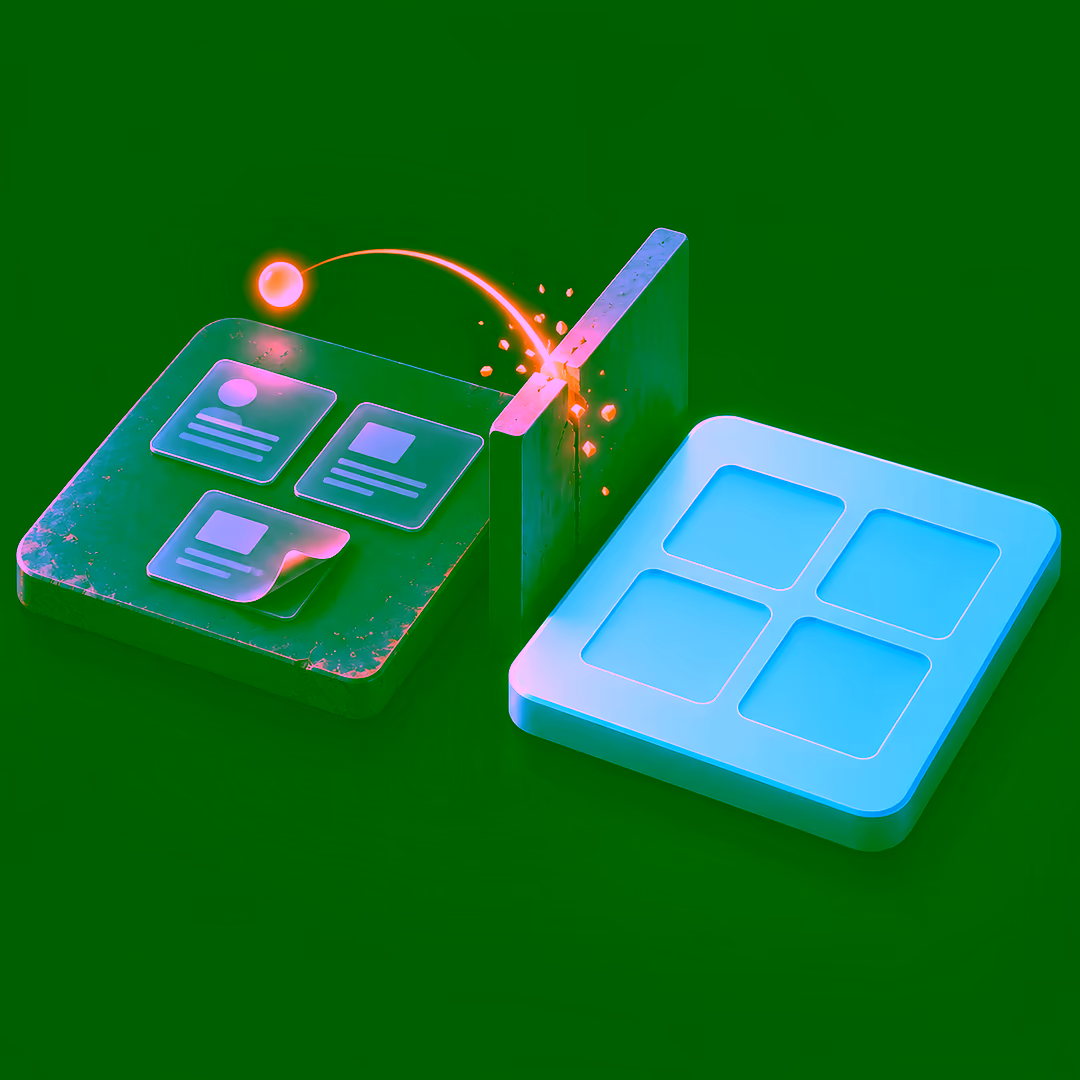Isometric diagram of two square plates side by side: the left one is dimmed and scuffed and still holds three translucent content cards, one with a peeled corner, while a glowing orb arcs from it toward the right plate and breaks apart against an upright wall between them, leaving the lit right plate empty except for its bare card slots