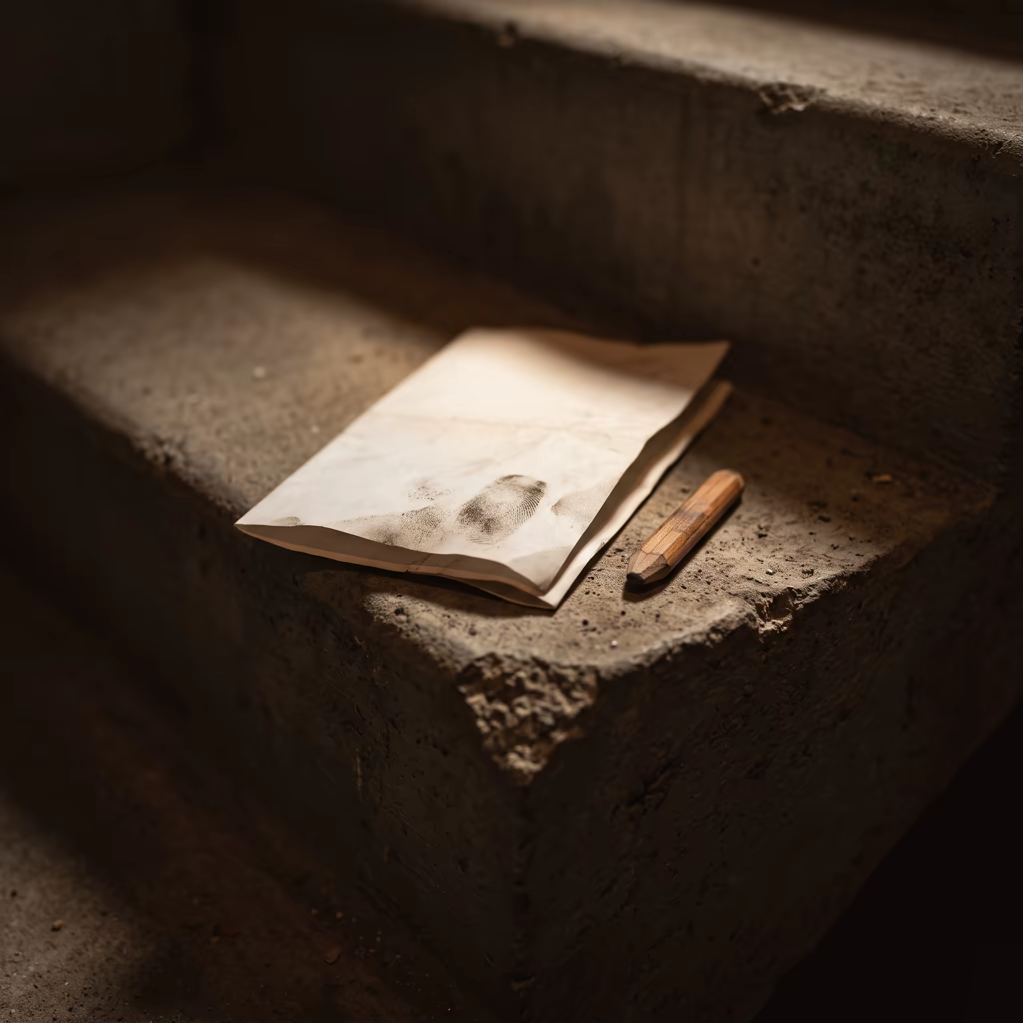 A folded paper work order and a stub of carpenter's pencil resting on a chipped concrete step in a dim basement stairwell, lit by a single hard shaft of light, a dirty thumbprint pressed into the top fold