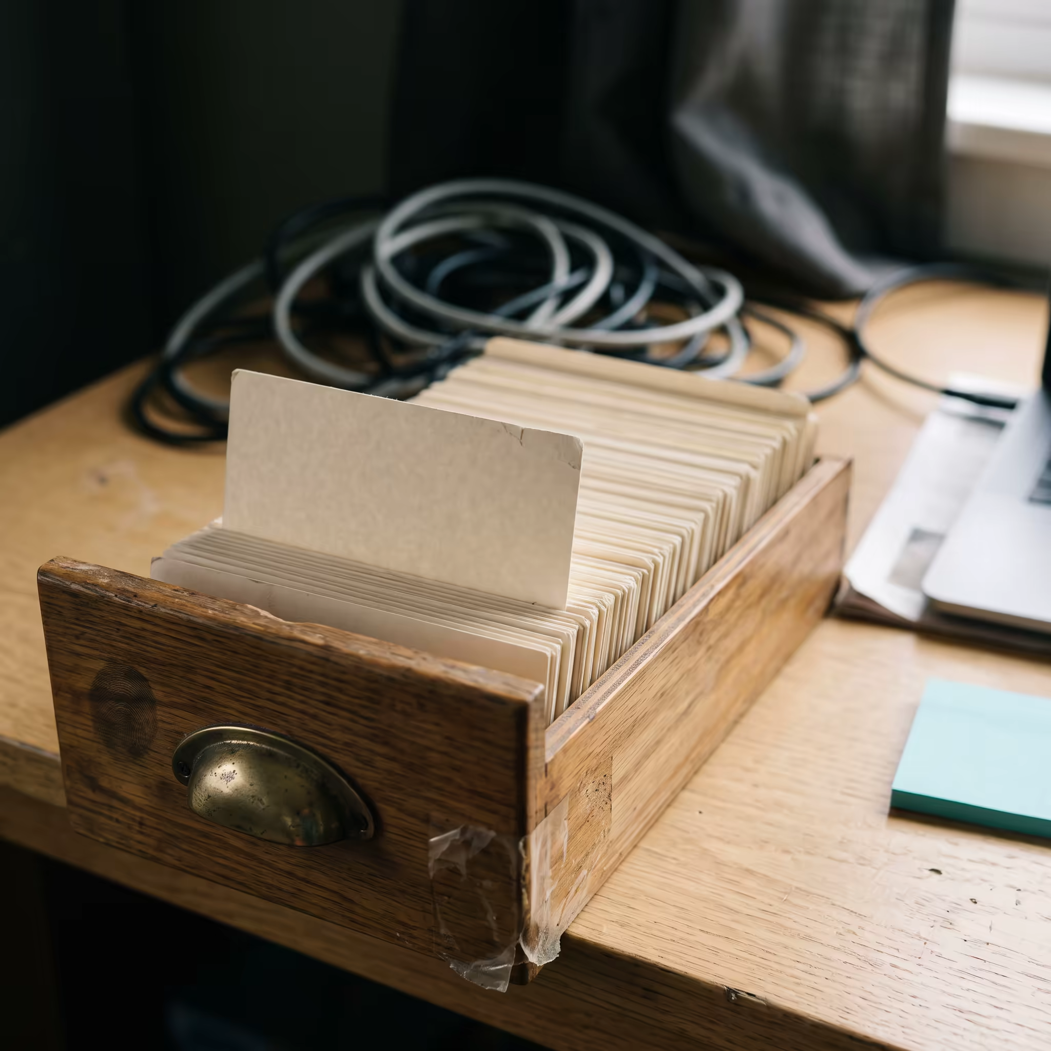 A wooden card-index drawer pulled open on a desk, tightly packed blank index cards inside with one card standing proud of the row, a loose tangle of coiled cable out of focus in the shadow behind it